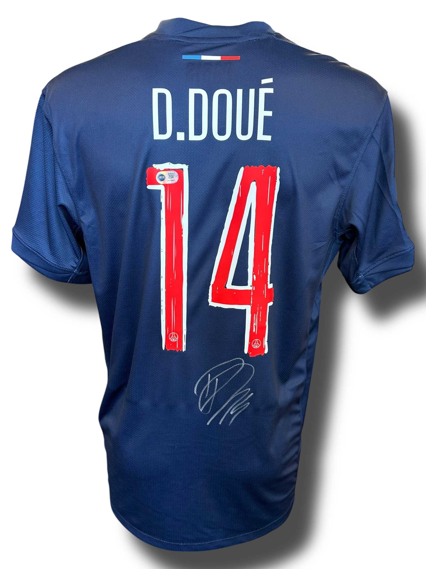 DESIRE DOUE SIGNED 2024/25 PSG UCL HOME SHIRT DOUE 14 (ACG CERT AG16857)