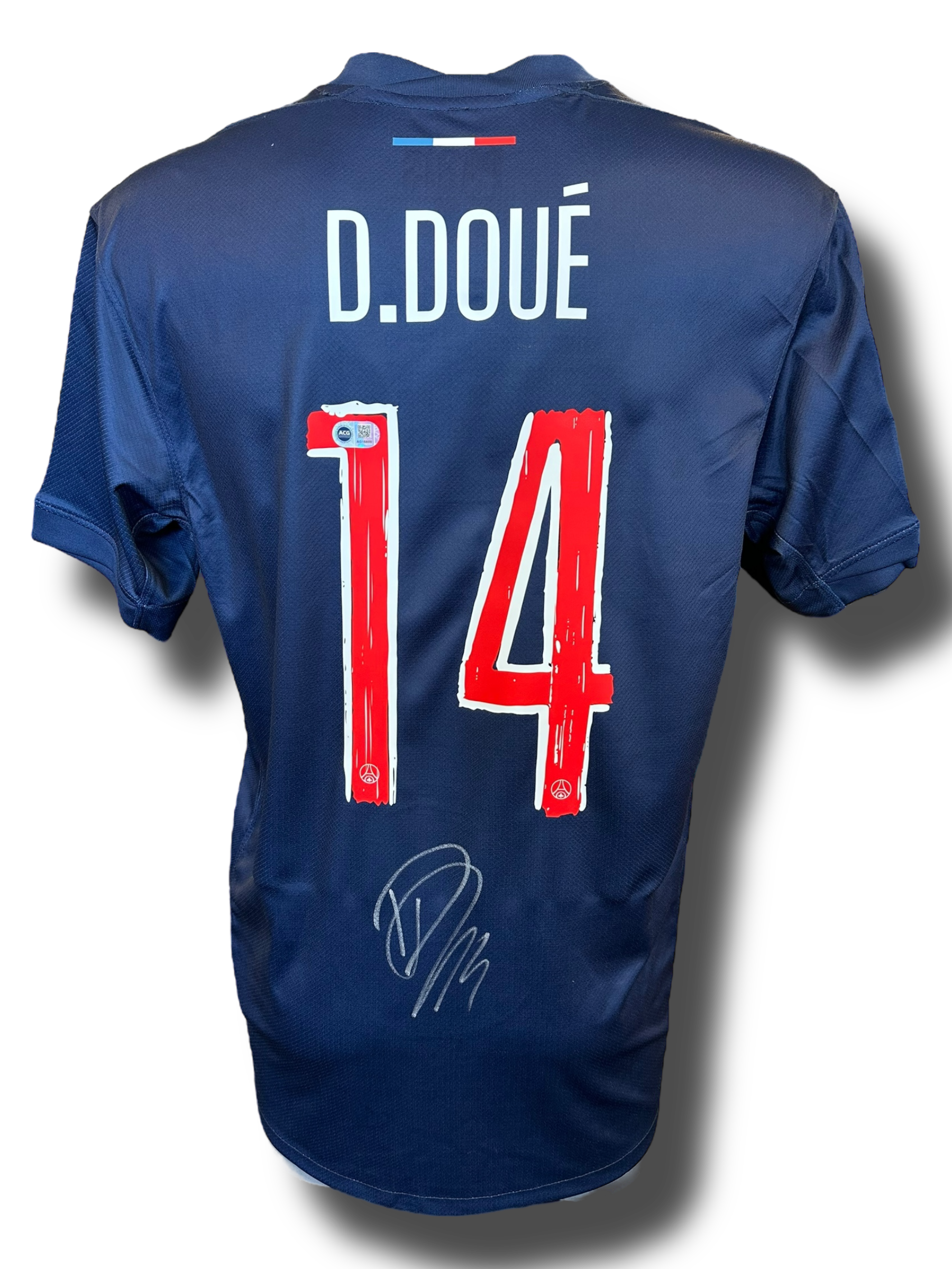 DESIRE DOUE SIGNED 2024/25 PSG UCL HOME SHIRT DOUE 14 (ACG CERT AG16856)