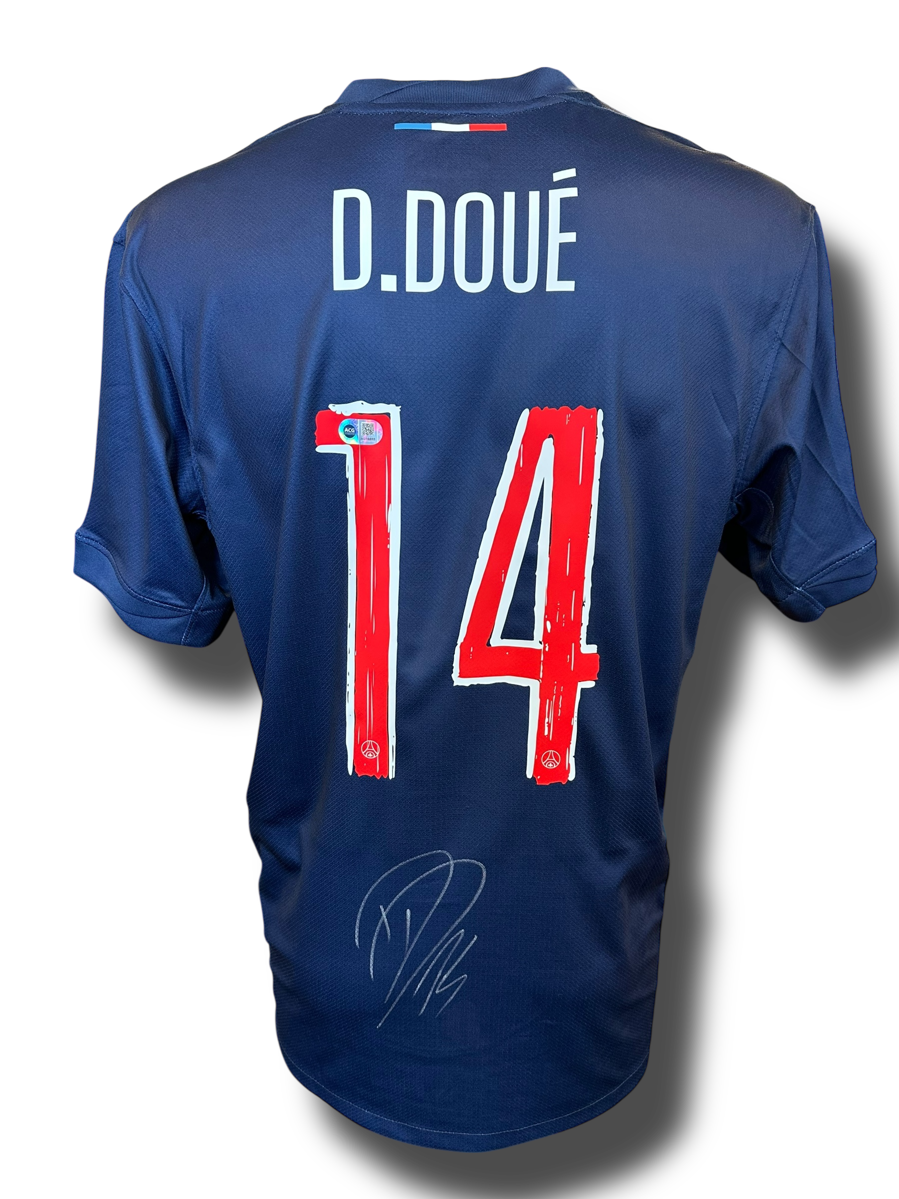 DESIRE DOUE SIGNED 2024/25 PSG UCL HOME SHIRT DOUE 14 (ACG CERT AG16855)