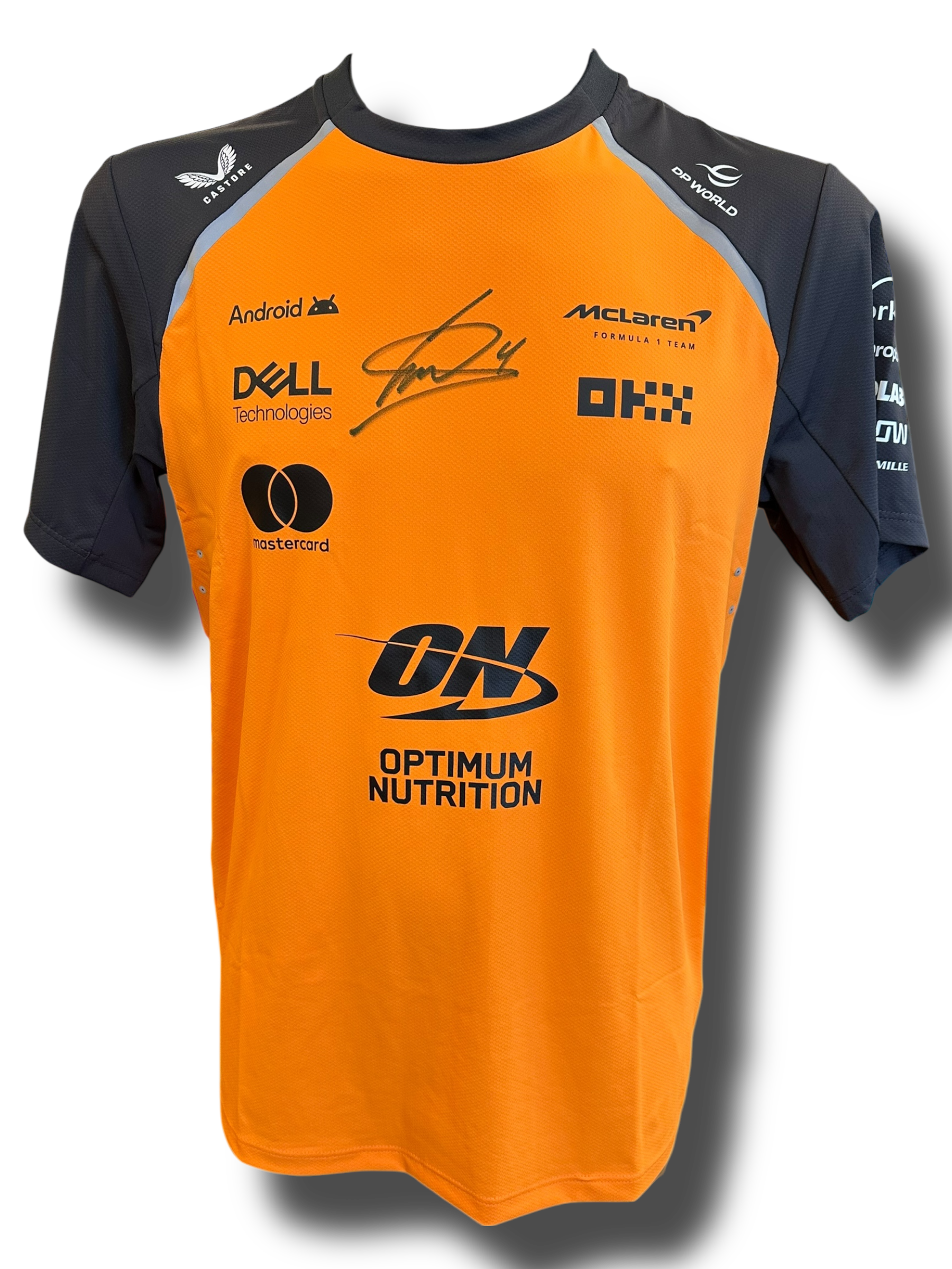 LANDO NORRIS SIGNED MCLAREN CASTORE FORMULA 1 T-SHIRT (ACG CERT AG16983)