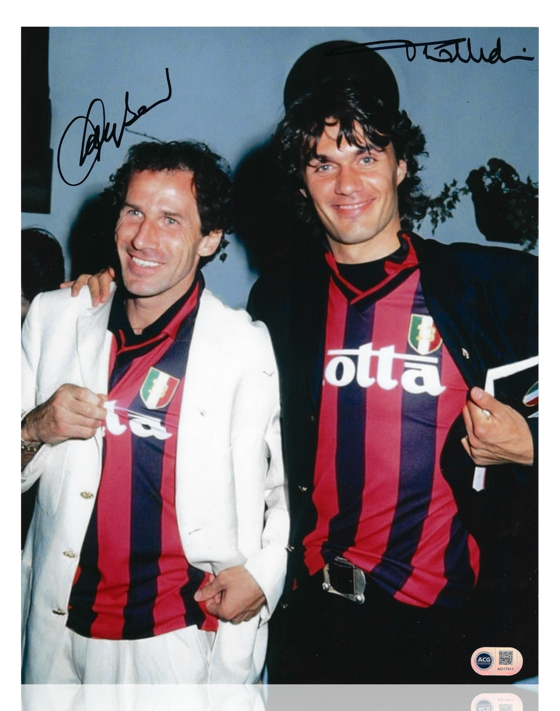 PAOLO MALDINI & FRANCO BARESI SIGNED AC MILAN LEGENDS 14x11 PHOTO (ACG CERT AG17411)-1