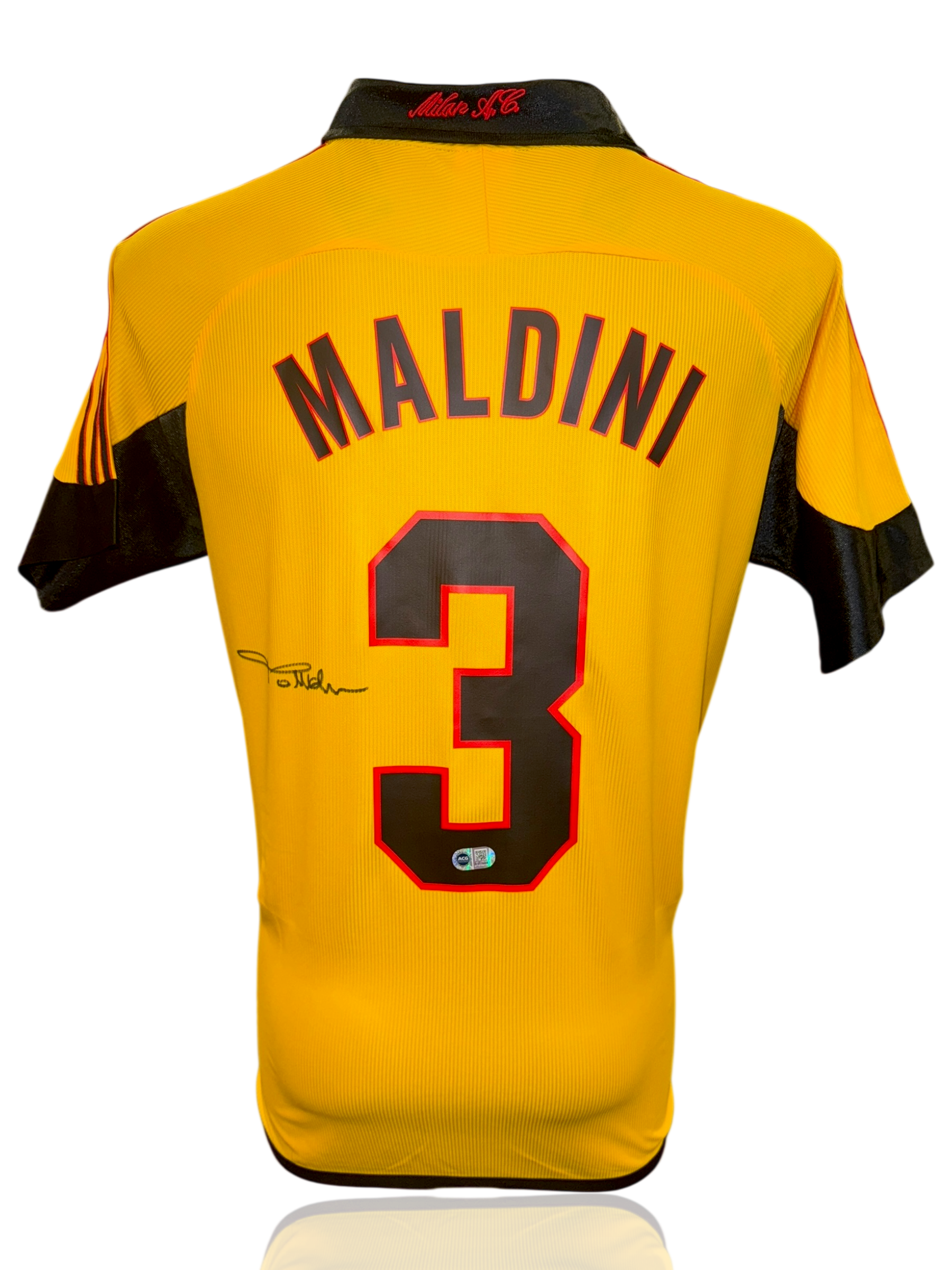 PAOLO MALDINI SIGNED AC MILAN 1999/00 100TH ANNIVERSARY YELLOW SHIRT (ACG CERT AG17398)