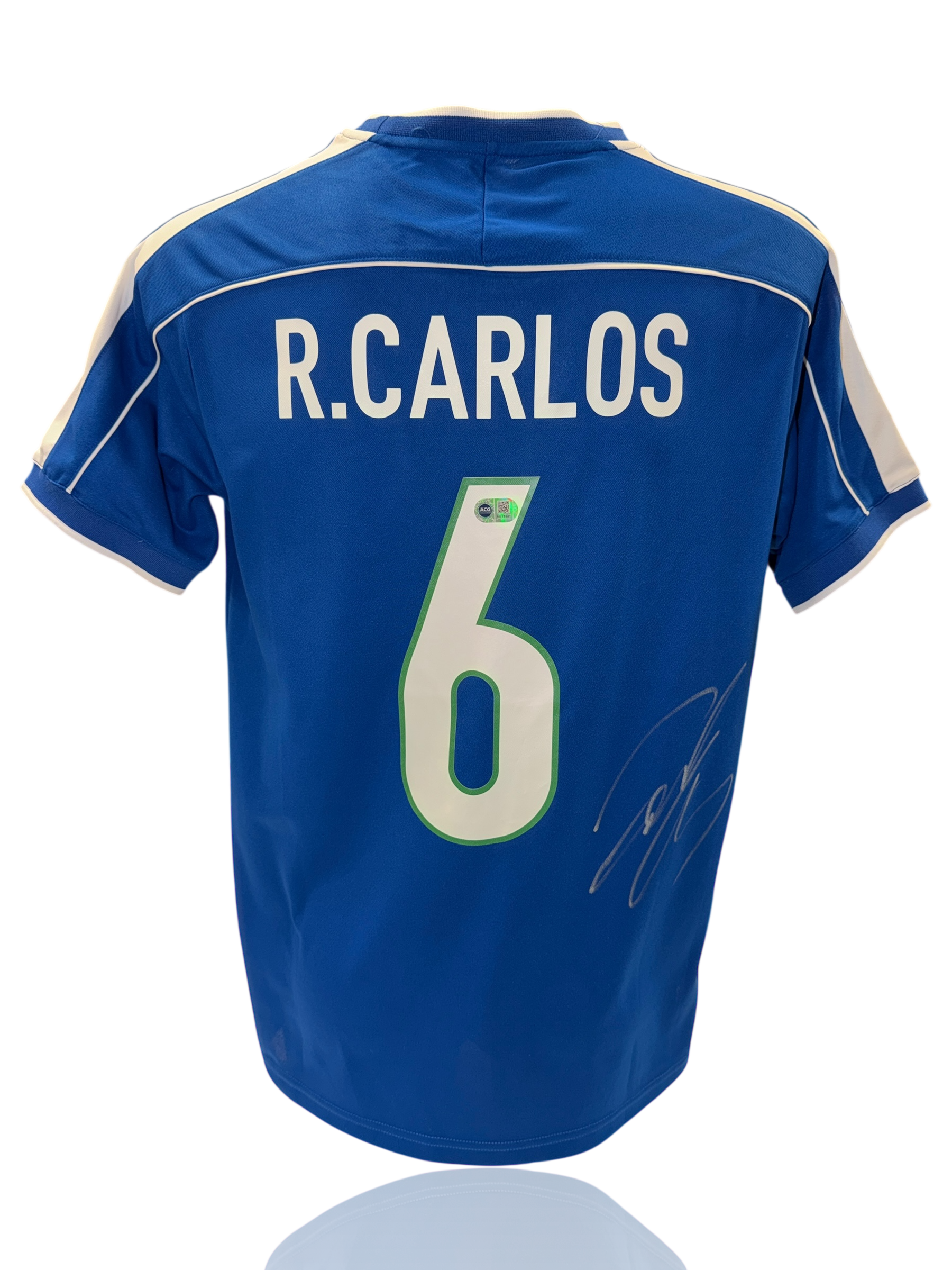 ROBERTO CARLOS SIGNED CARLOS 6 BRAZIL 1998 AWAY SHIRT (ACG CERT AG1760