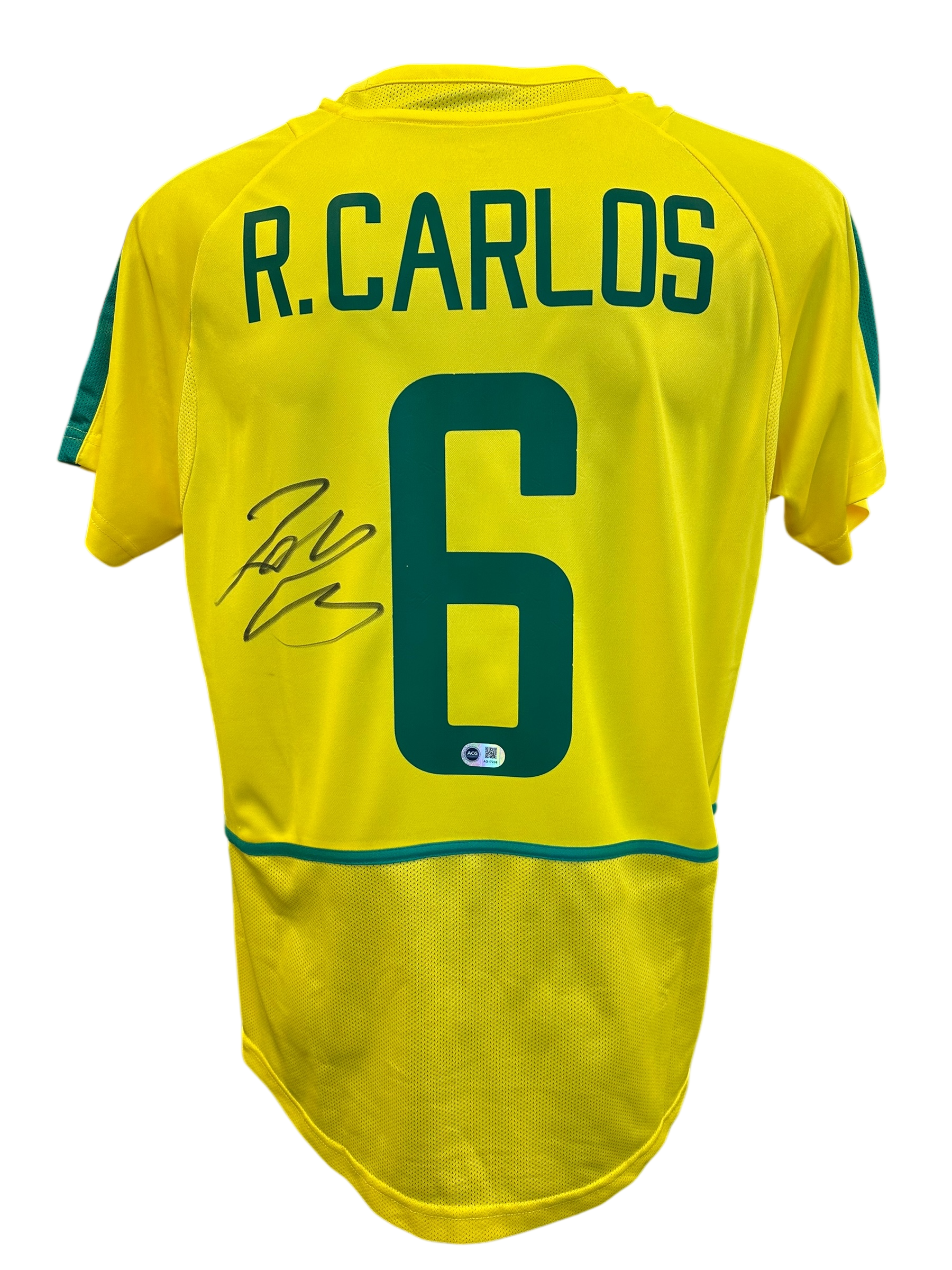 ROBERTO CARLOS SIGNED 2002 BRAZIL WORLD CUP HOME SHIRT (ACG CERT AG17238)