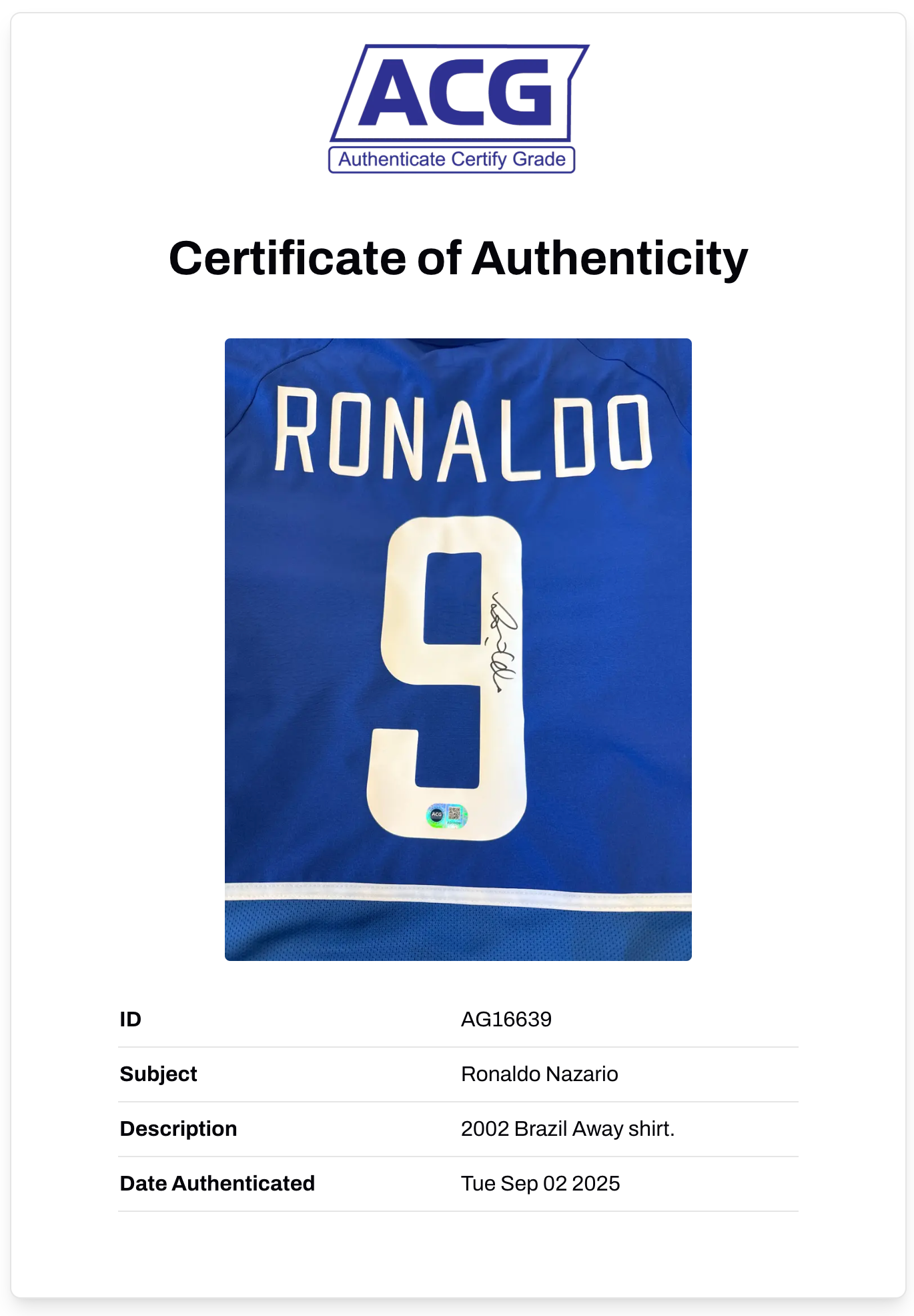 RONALDO NAZARIO SIGNED BRAZIL AWAY 2002 WORLD CUP SHIRT (ACG CERT AG16639)