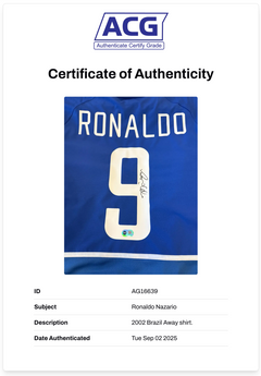 RONALDO NAZARIO SIGNED BRAZIL AWAY 2002 WORLD CUP SHIRT (ACG CERT AG16639)-2