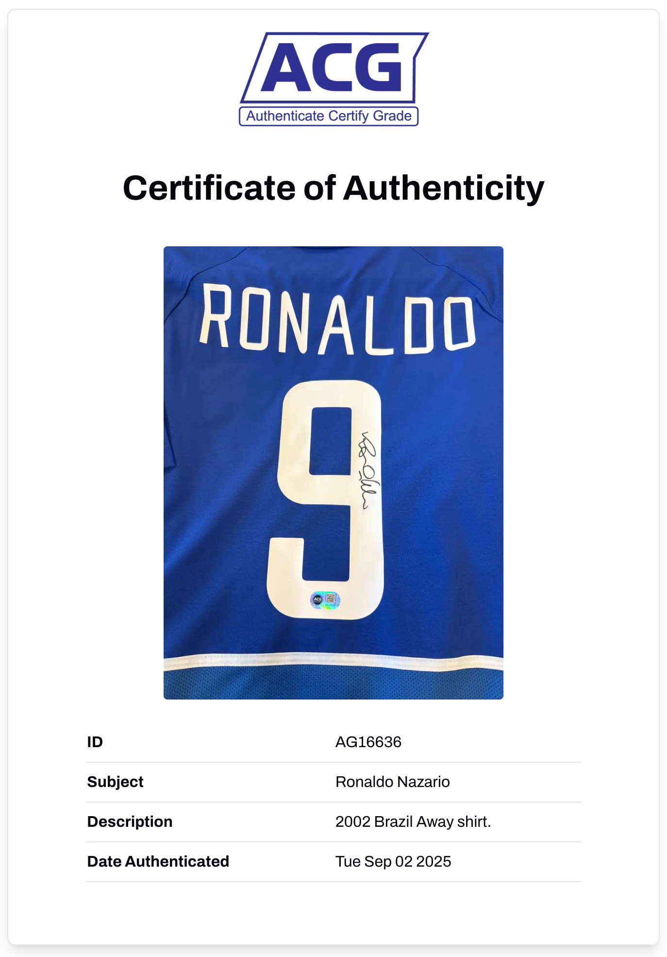 RONALDO NAZARIO SIGNED BRAZIL AWAY 2002 WORLD CUP SHIRT (ACG CERT AG16636)