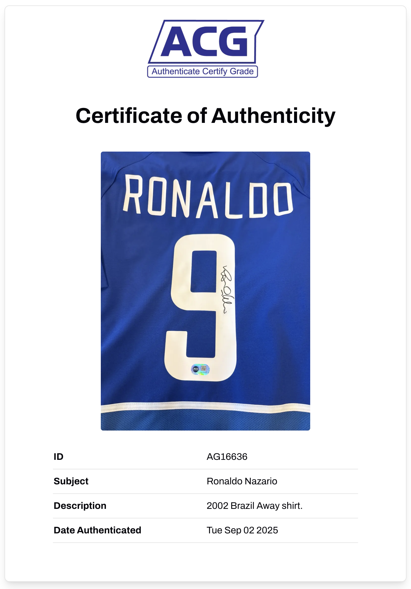 RONALDO NAZARIO SIGNED BRAZIL AWAY 2002 WORLD CUP SHIRT (ACG CERT AG16636)-2