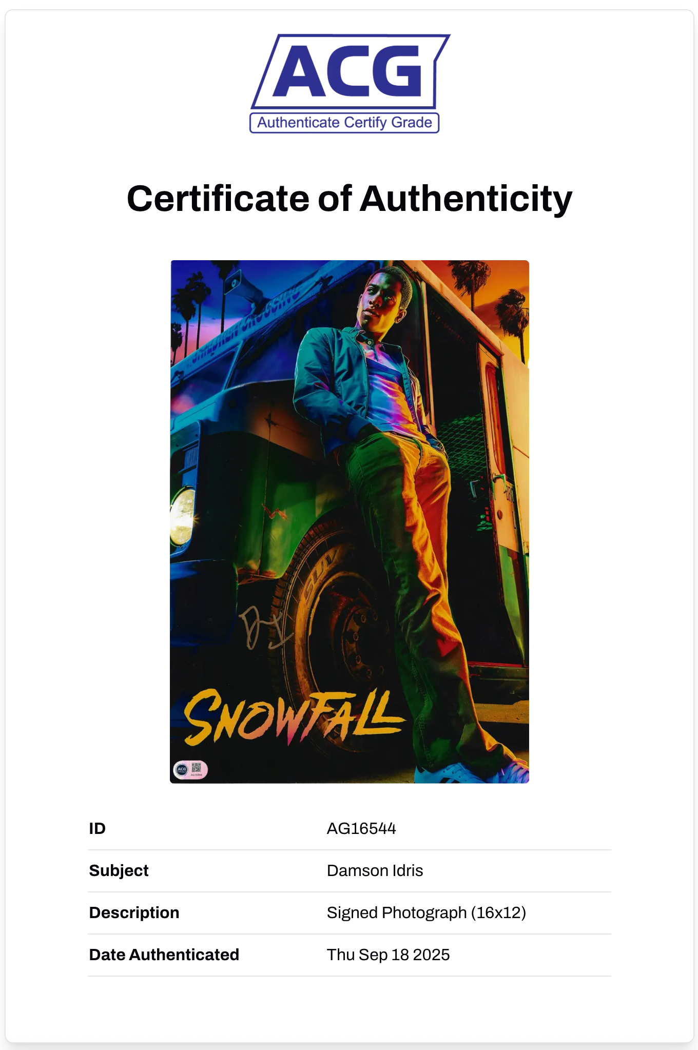 DAMSON IDRIS SIGNED SNOWFALL 16x12 PHOTO (ACG CERT AG16544)