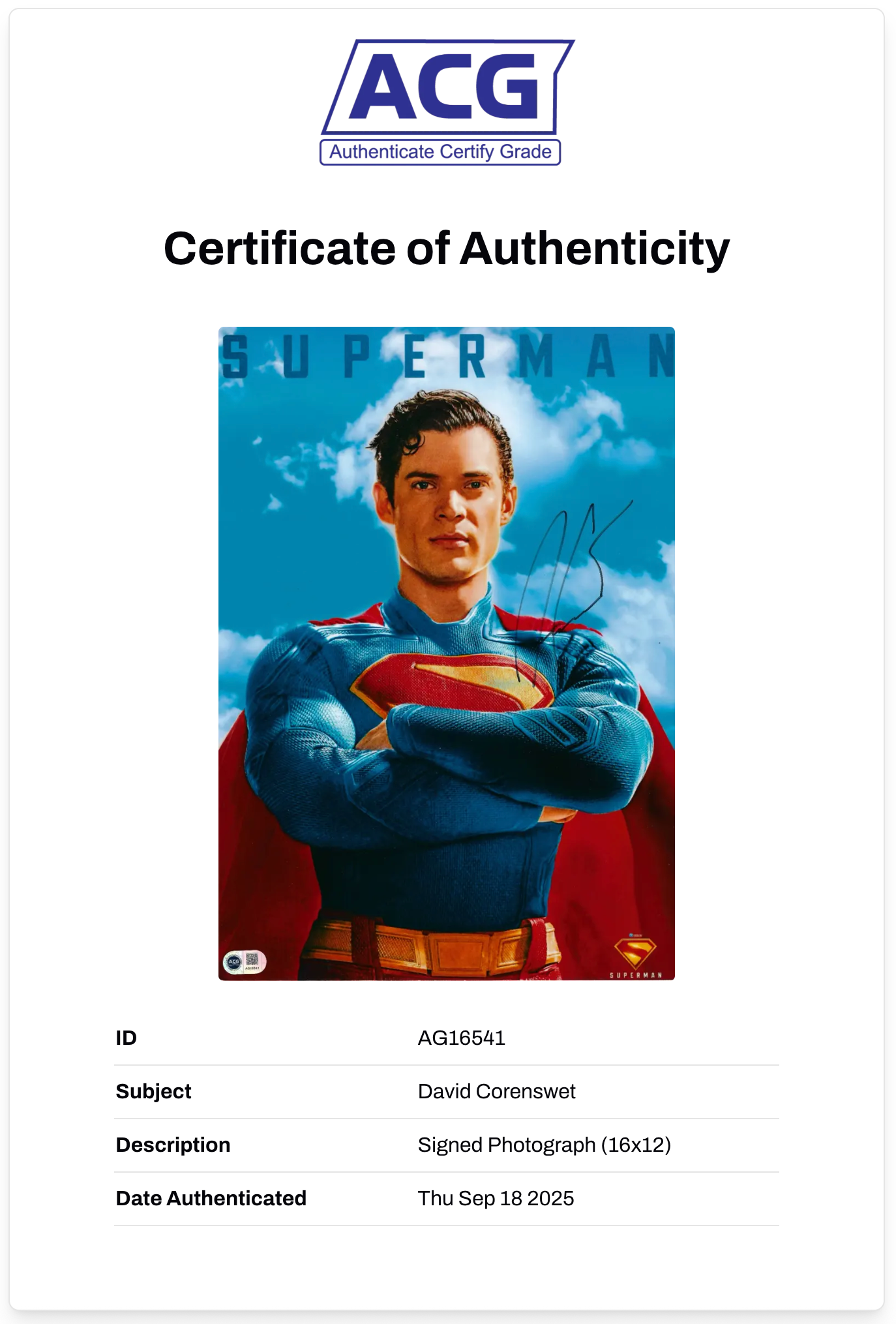 DAVID CORENSWET SIGNED SUPERMAN 16x12 PHOTO (ACG CERT AG16541)