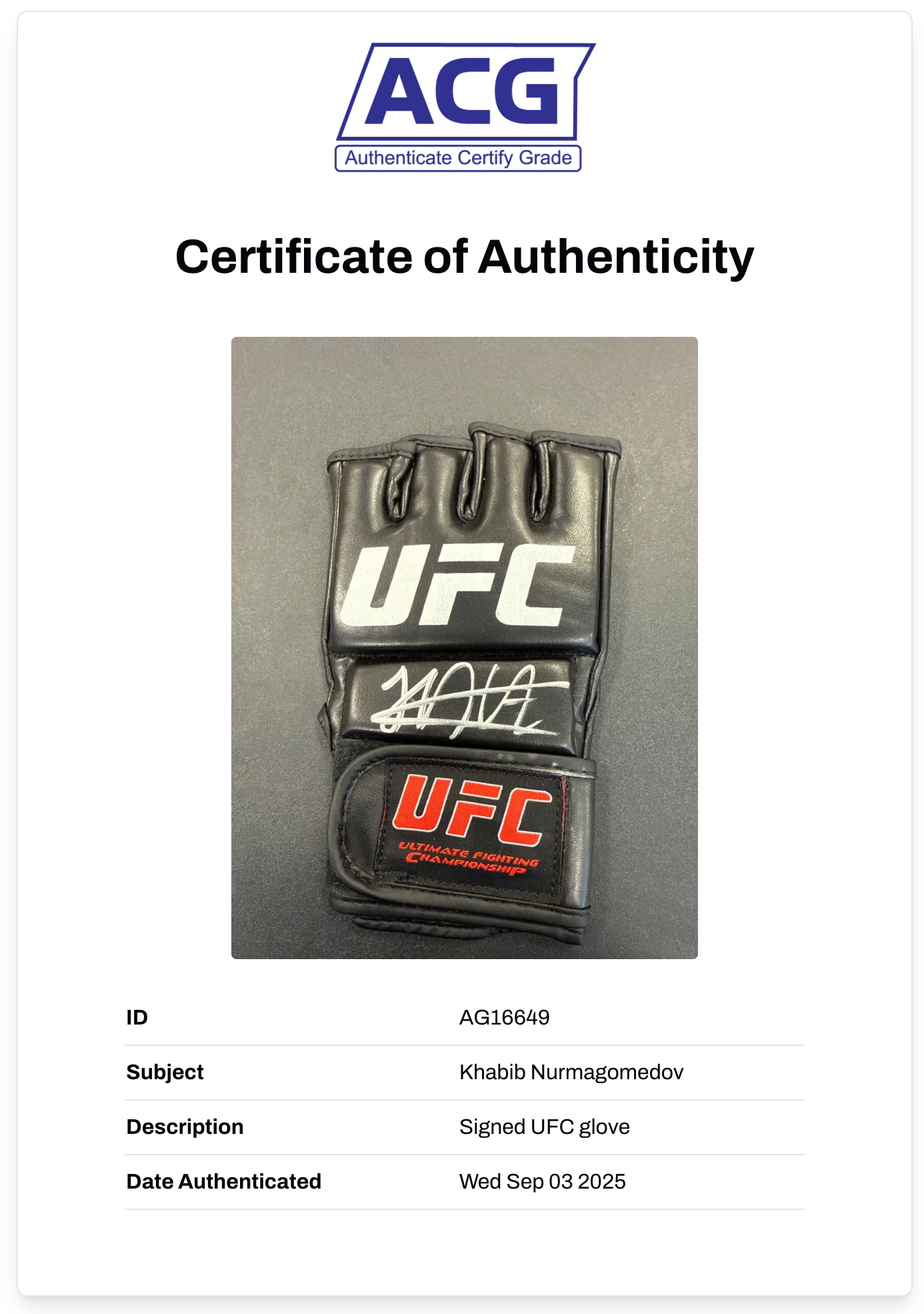 KHABIB NURMAGOMEDOV THE EAGLE SIGNED UFC FIGHT GLOVE (ACG CERT AG16649)