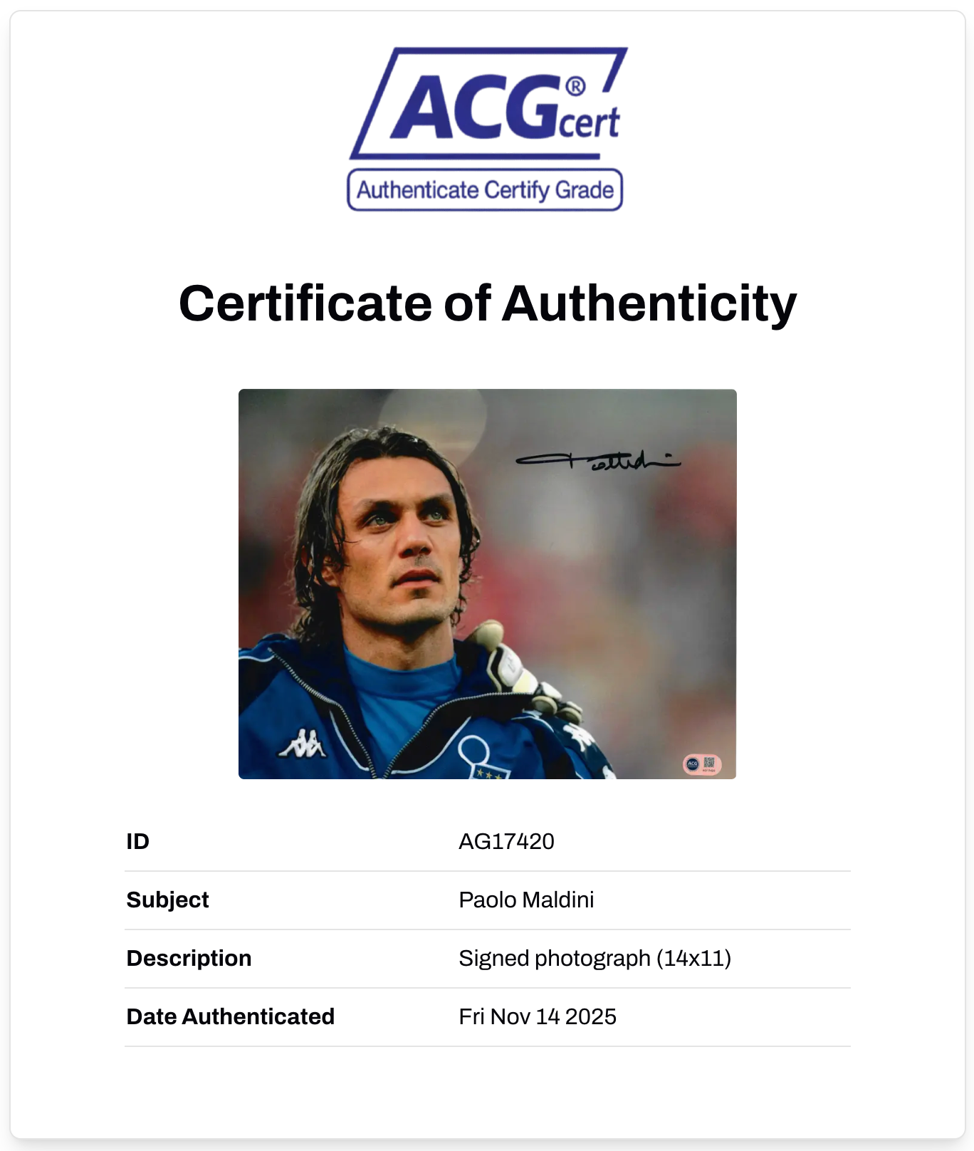 PAOLO MALDINI SIGNED AC MILAN ITALY LEGEND 14x11 PHOTO (ACG CERT AG17420)