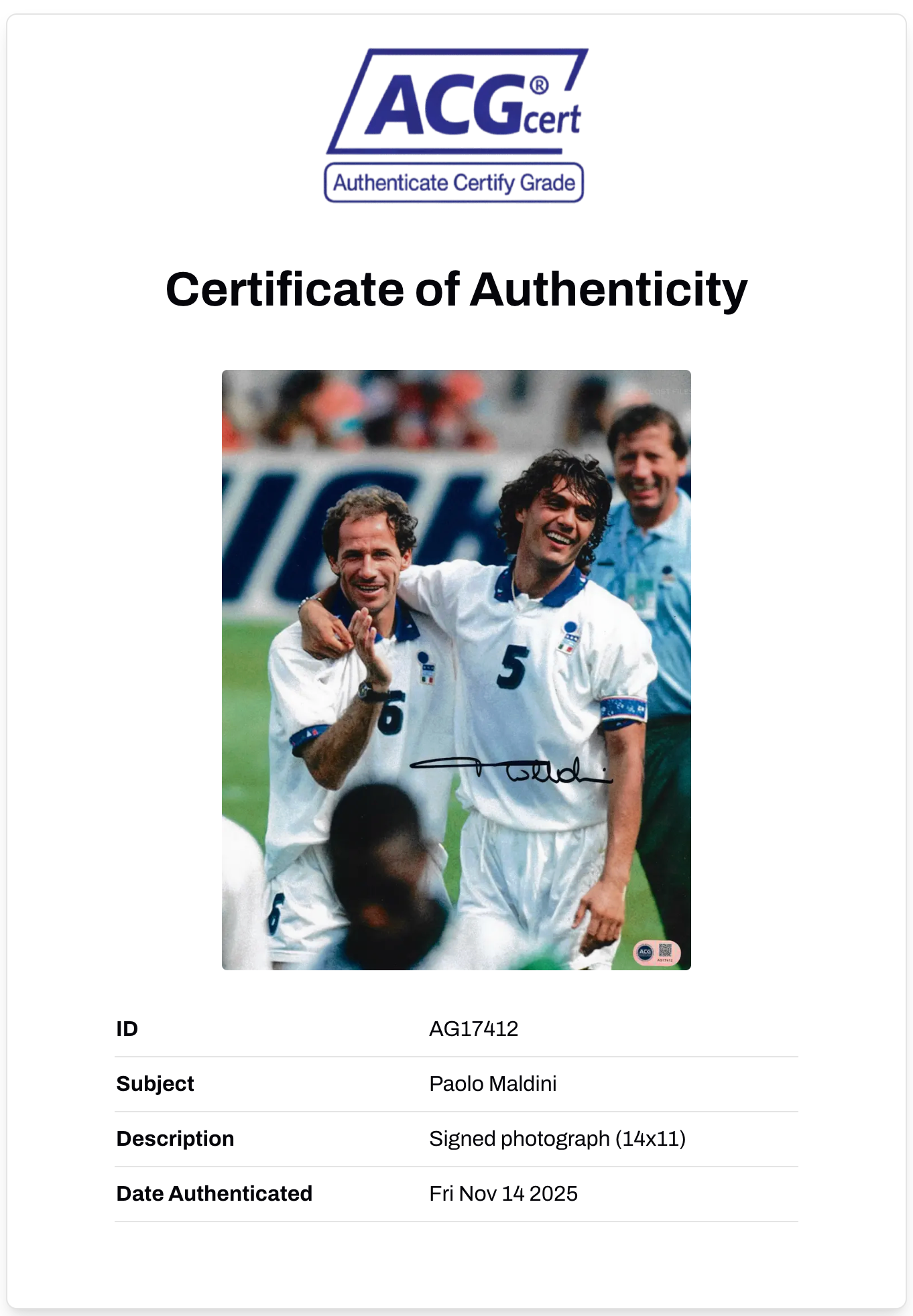 PAOLO MALDINI SIGNED AC MILAN ITALY LEGEND 14x11 PHOTO (ACG CERT AG17412)