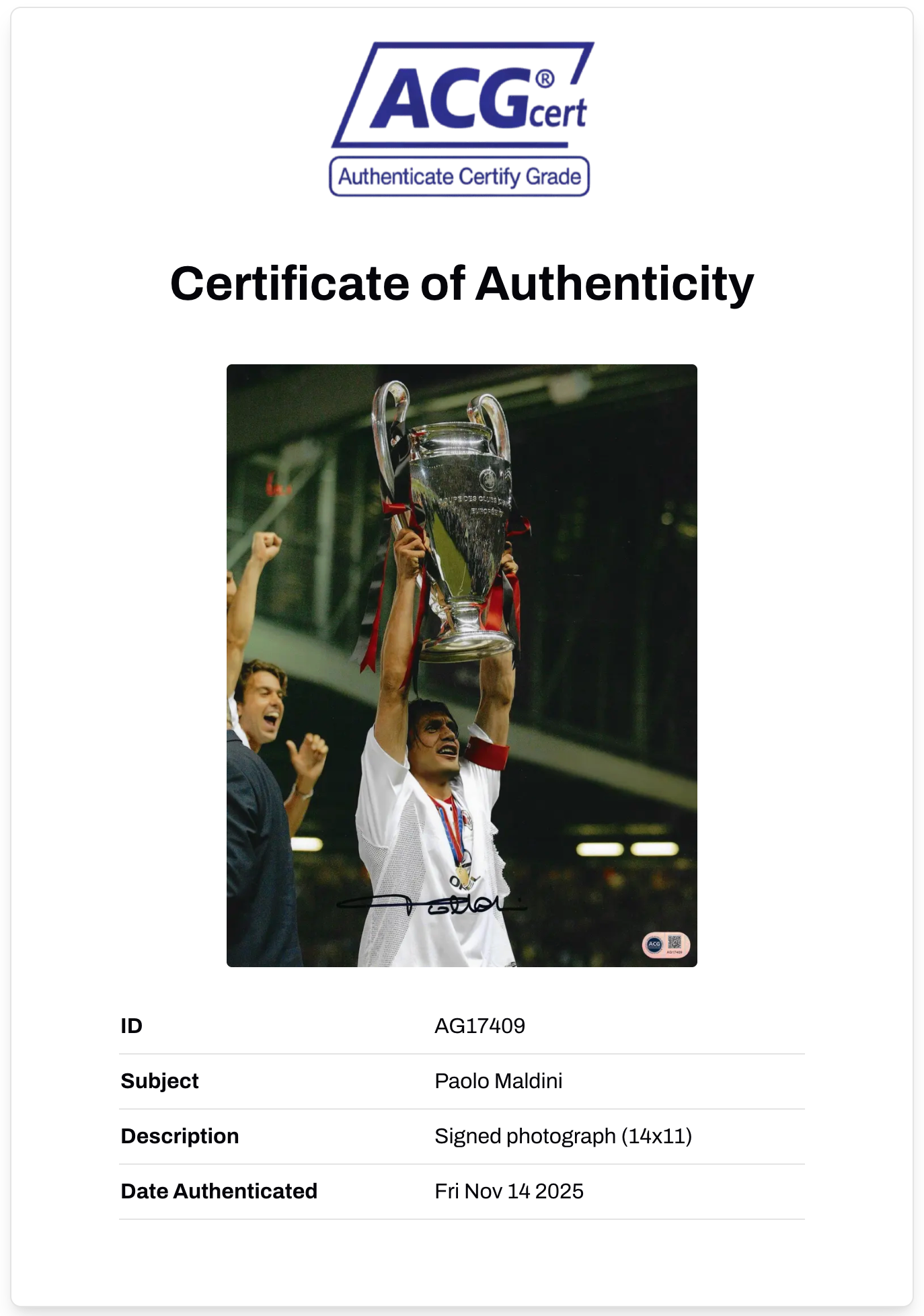 PAOLO MALDINI SIGNED AC MILAN ITALY LEGEND 14x11 PHOTO (ACG CERT AG17409)