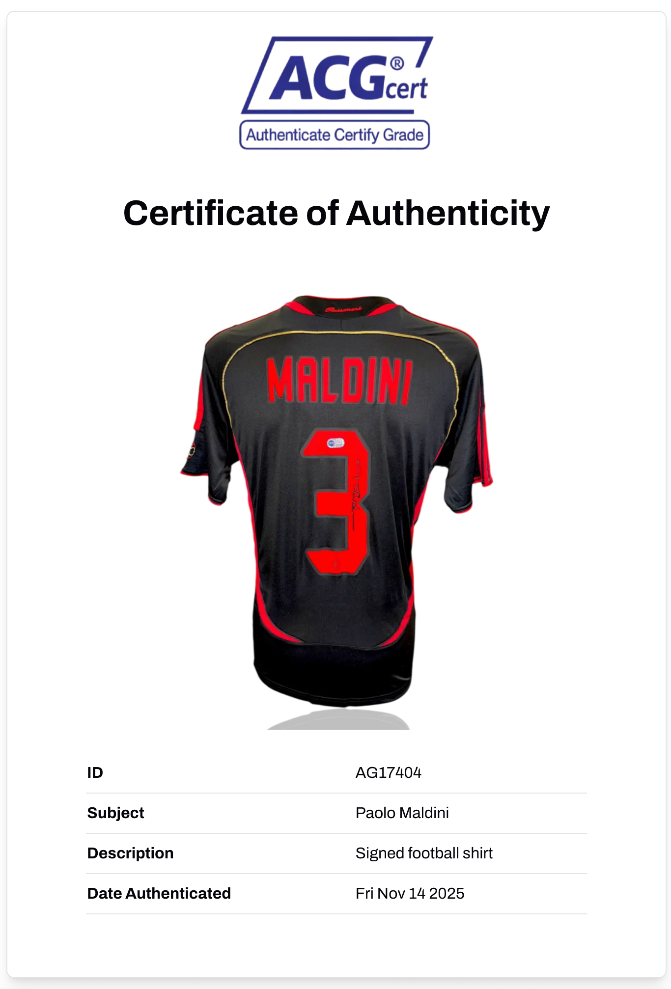 PAOLO MALDINI SIGNED AC MILAN 2006/07 BLACK AWAY SHIRT (ACG CERT AG17404)