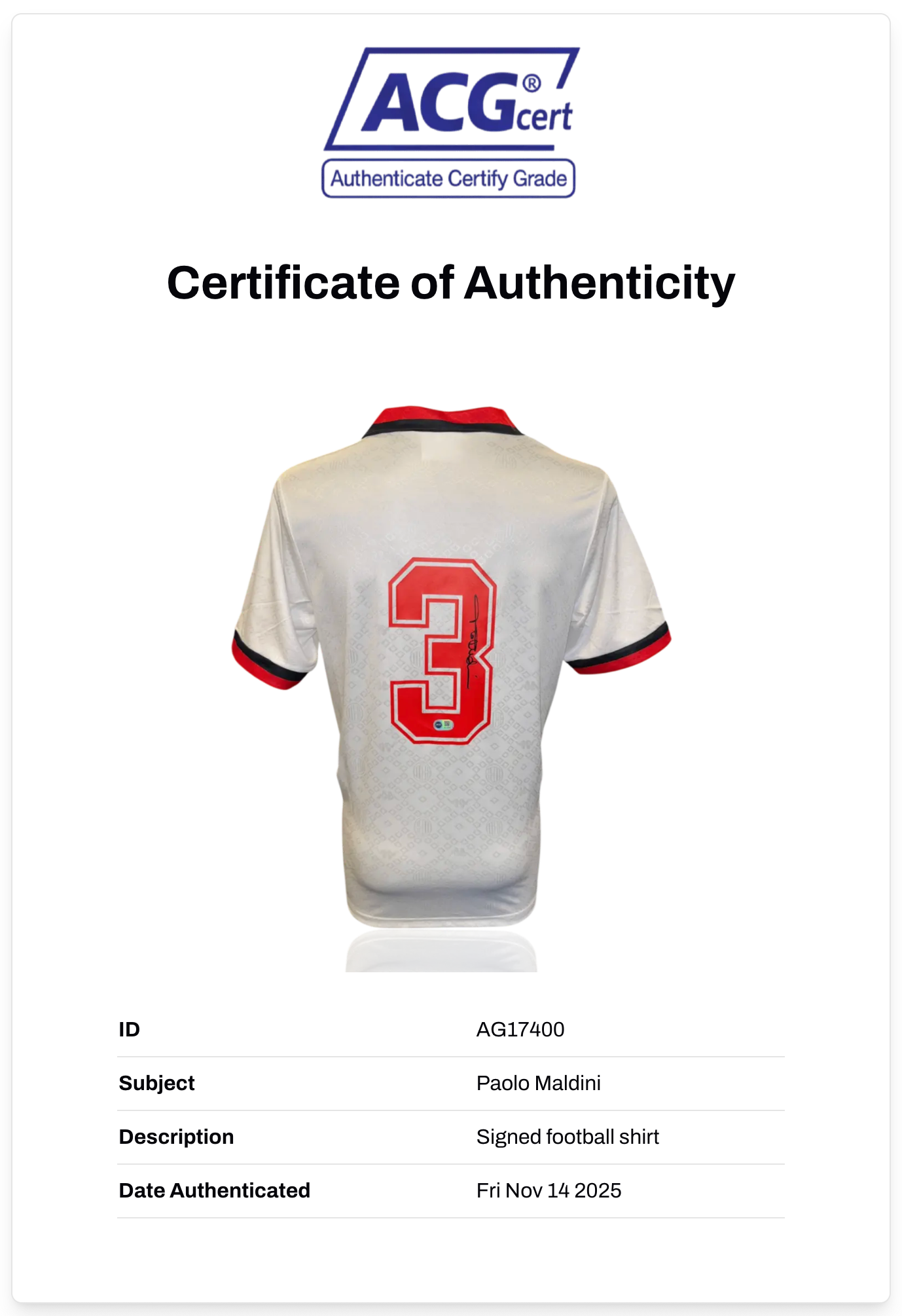 PAOLO MALDINI SIGNED AC MILAN 1989/90 AWAY SHIRT (ACG CERT AG17400)