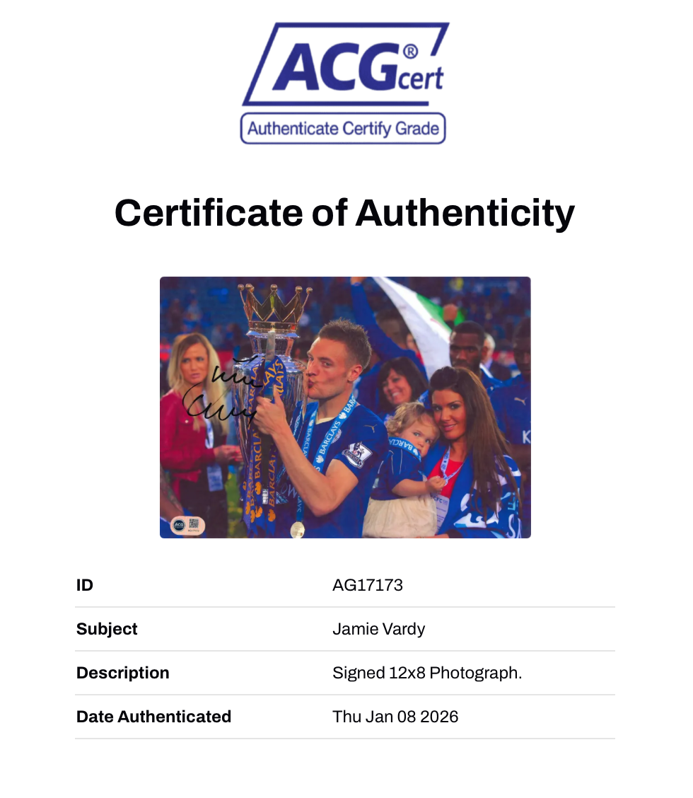 JAMIE VARDY SIGNED LEICESTER CITY PL CHAMPIONS 12X8 PHOTO (ACG CERT AG17173)