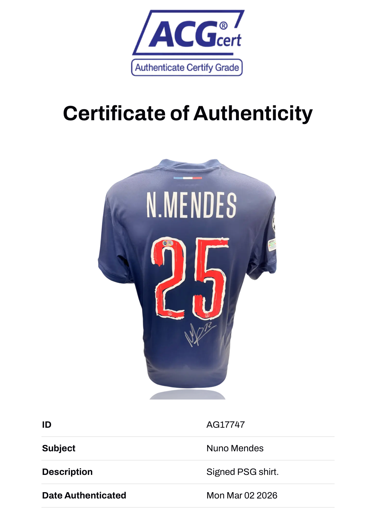 NUNO MENDES SIGNED 24/25 PARIS SAINT-GERMAIN PSG HOME SHIRT (ACG CERT AG17747)