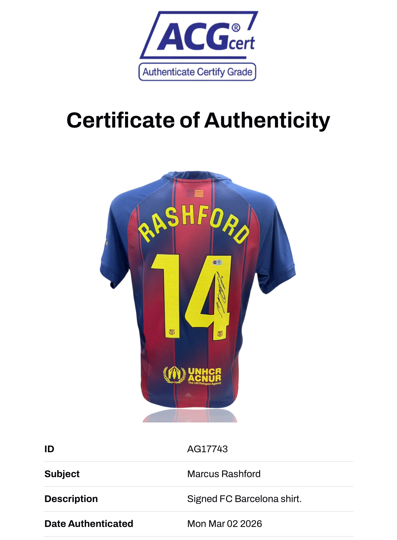 MARCUS RASHFORD SIGNED FC BARCELONA 2025/26 HOME SHIRT (ACG CERT AG17743)-2