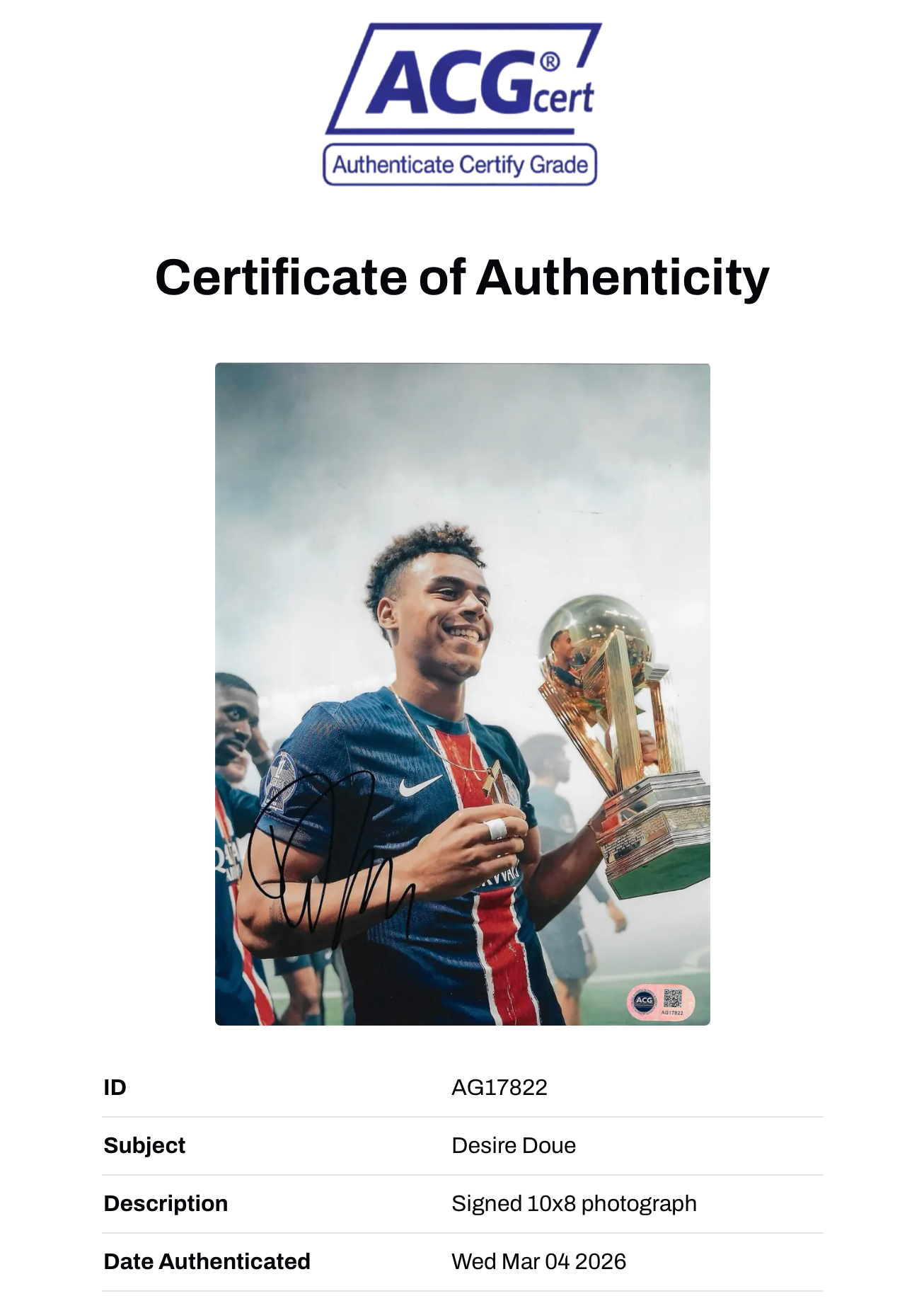 DESIRE DOUE SIGNED PARIS SAINT-GERMAIN PSG 10X8 PHOTO (ACG CERT AG17822)-2
