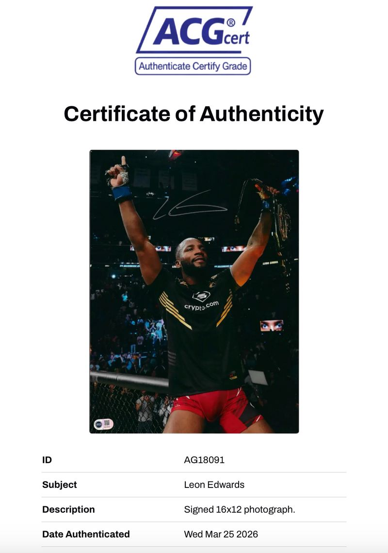 LEON ROCKY EDWARDS SIGNED UFC CHAMPION 16X12 PHOTO (ACG CERT AG18091)-2