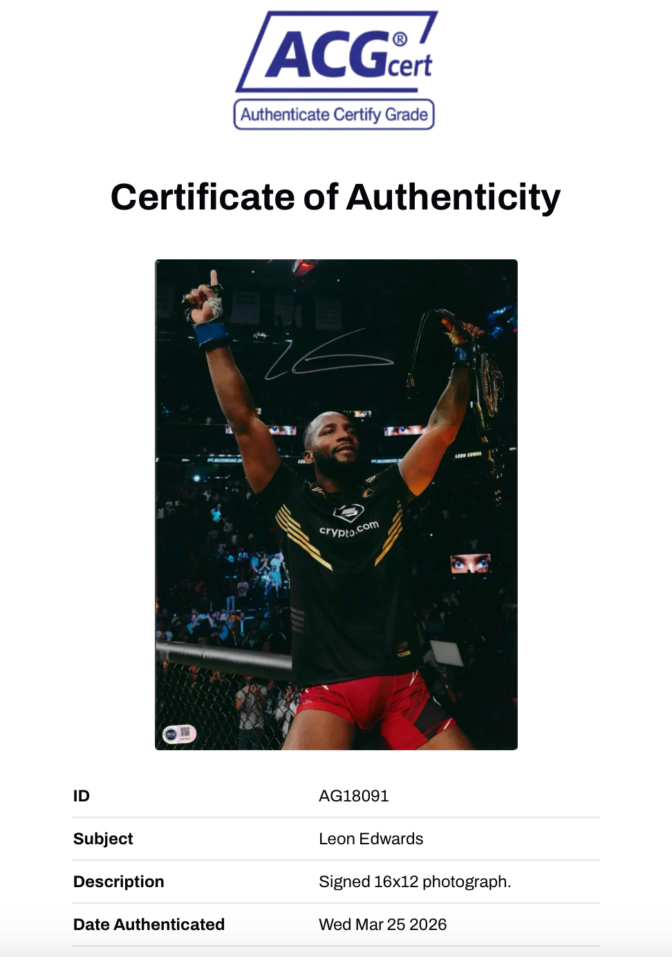 LEON ROCKY EDWARDS SIGNED UFC CHAMPION 16X12 PHOTO (ACG CERT AG18091)