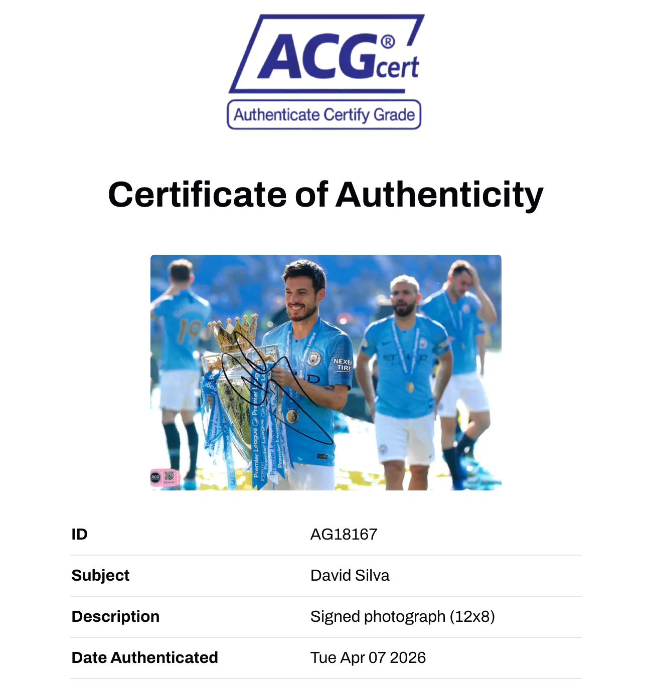 DAVID SILVA SIGNED MANCHESTER CITY CHAMPIONS 12X8 PHOTO (ACG CERT AG18167)