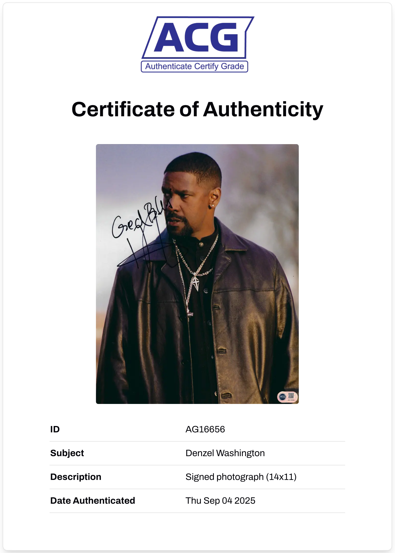 DENZEL WASHINGTON SIGNED TRAINING DAY 14x11 PHOTOGRAPH (ACG CERT AG16656)