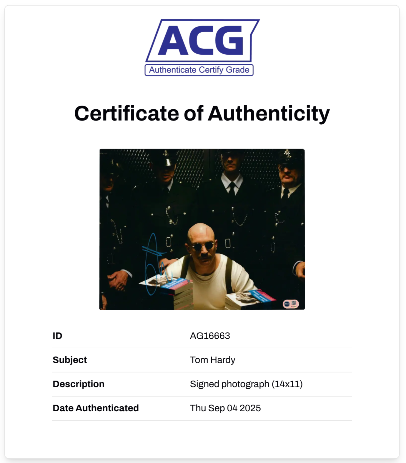 TOM HARDY SIGNED BRONSON 14x11 PHOTOGRAPH (ACG CERT AG16663)