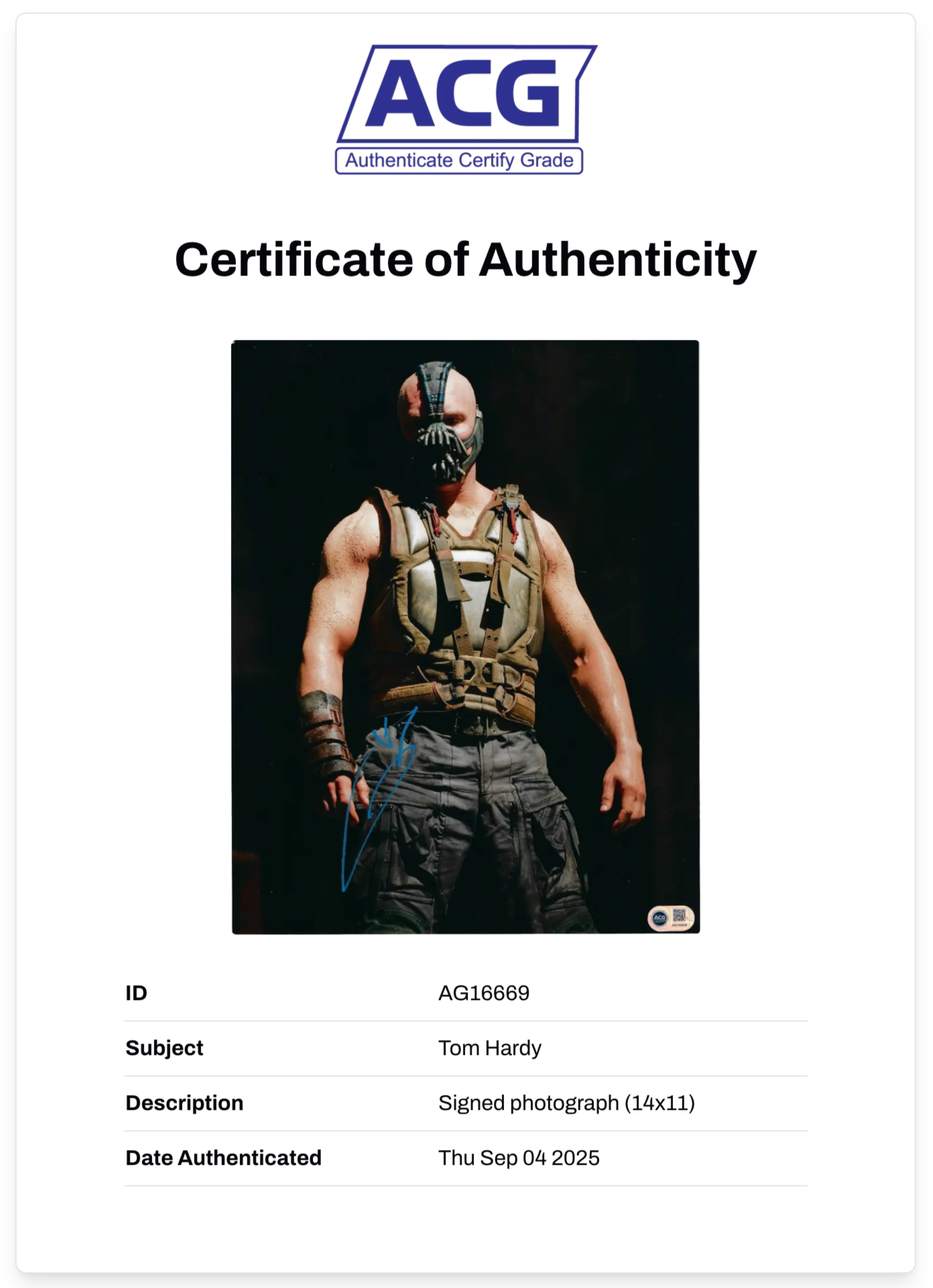 TOM HARDY SIGNED BANE DARK KNIGHT RISES 14x11 PHOTO (ACG CERT AG16669)