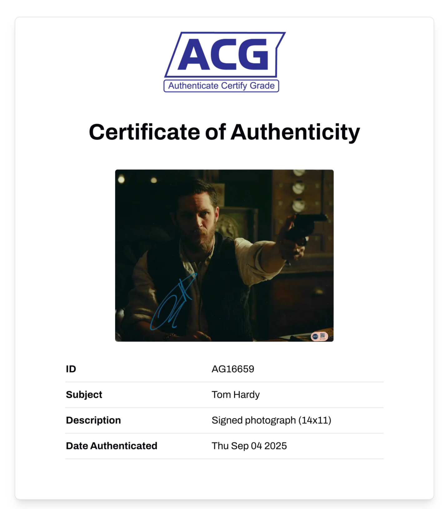 TOM HARDY SIGNED PEAKY BLINDERS 14x11 PHOTO (ACG CERT AG16659)