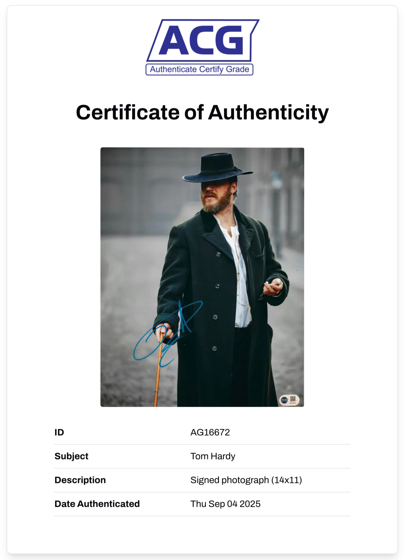 TOM HARDY SIGNED PEAKY BLINDERS 14x11 PHOTO (ACG CERT AG16672)