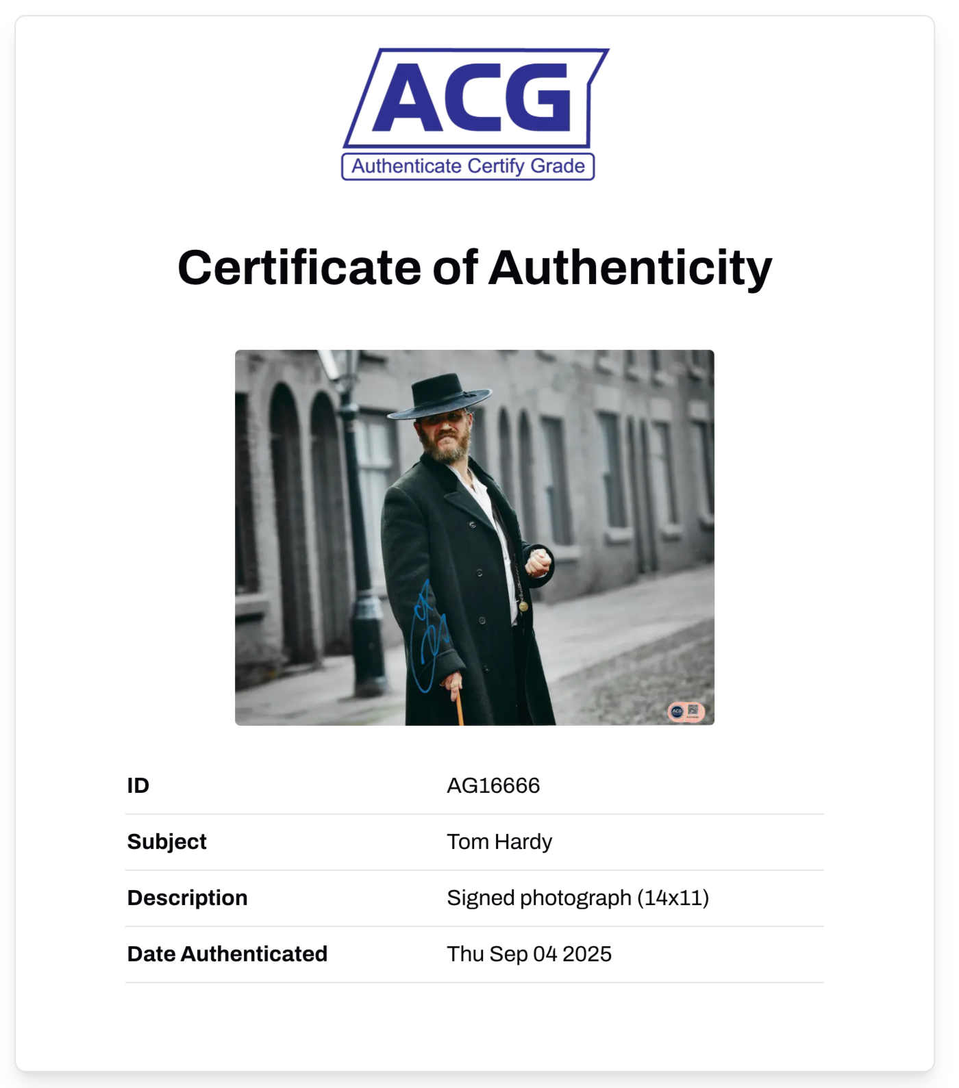 TOM HARDY SIGNED PEAKY BLINDERS 14x11 PHOTO (ACG CERT AG16666)