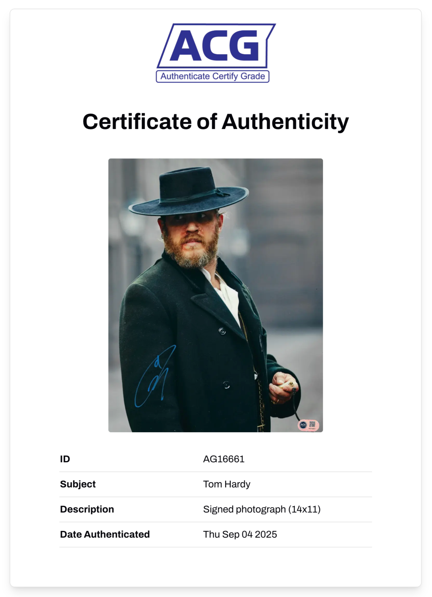 TOM HARDY SIGNED PEAKY BLINDERS 14x11 PHOTO (ACG CERT AG16661)