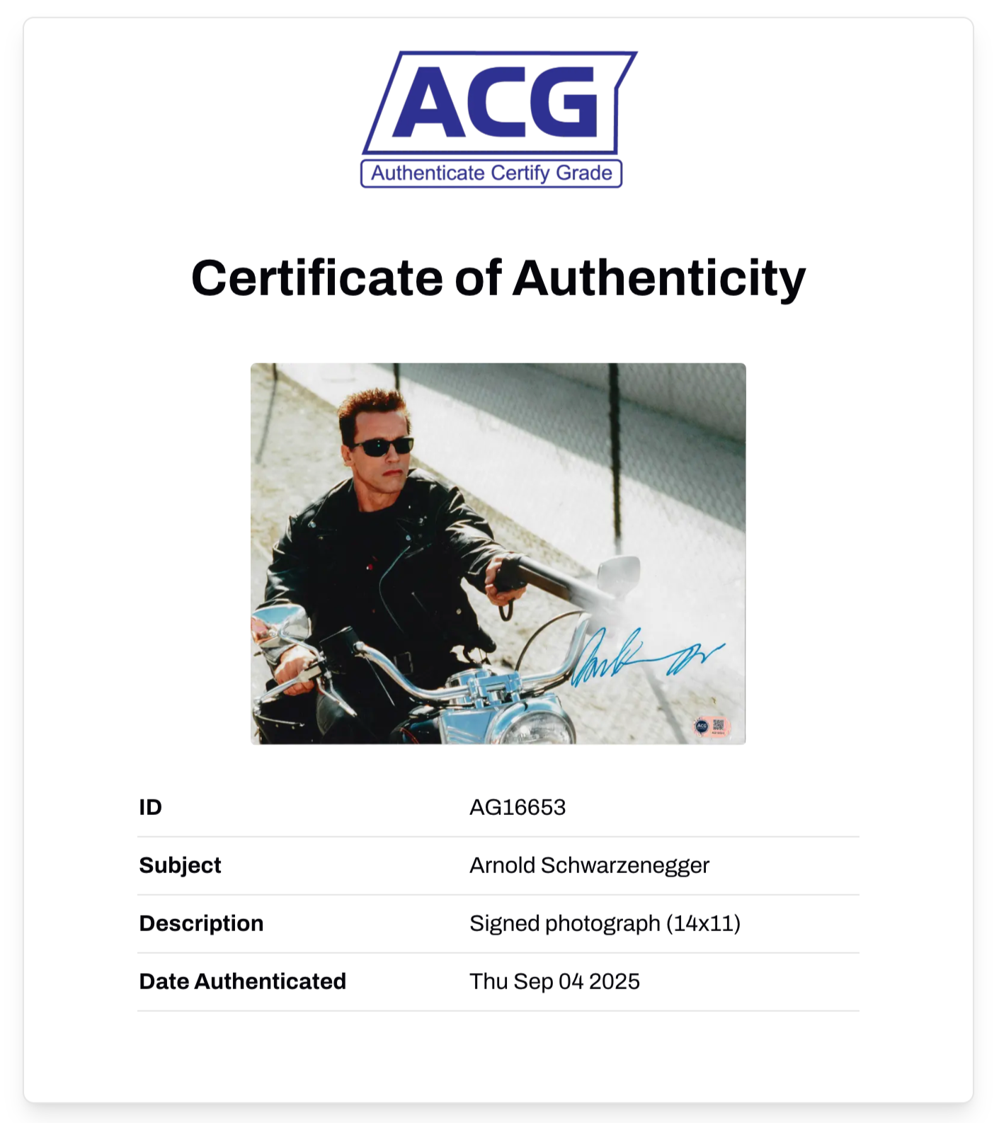 ARNOLD SCHWARZENEGGER SIGNED TERMINATOR 14x11 PHOTO (ACG CERT AG16653)