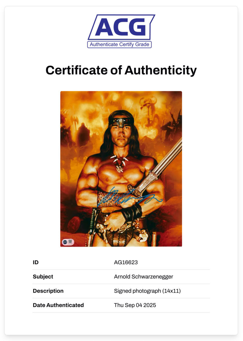 ARNOLD SCHWARZENEGGER SIGNED CONAN 14x11 PHOTO (ACG CERT AG16623)-2