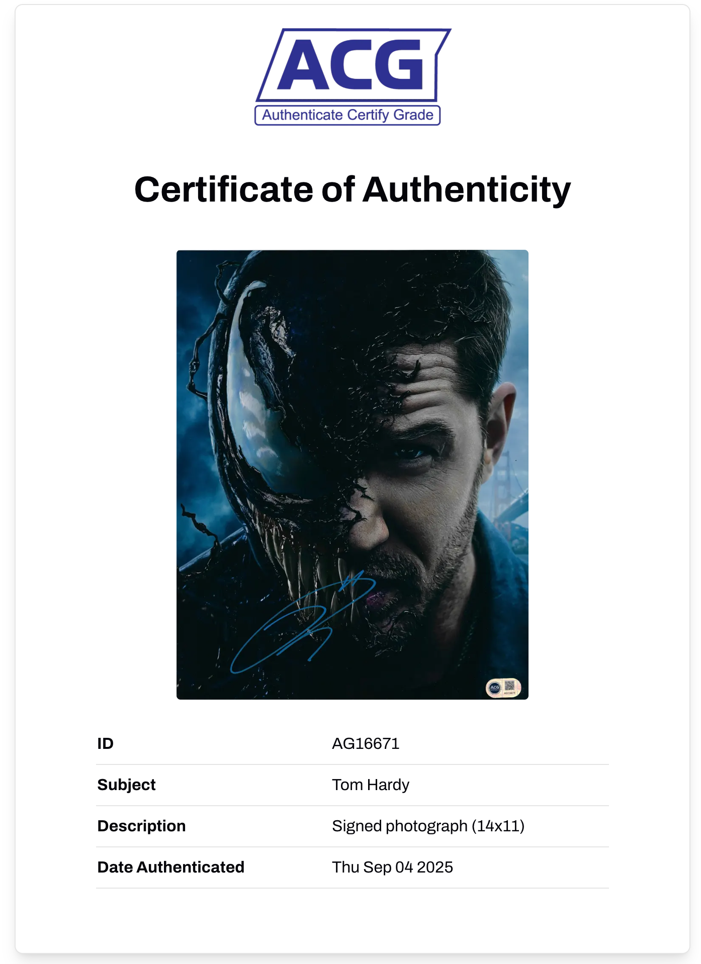 TOM HARDY SIGNED VENOM 14x11 PHOTOGRAPH (ACG CERT AG16671)
