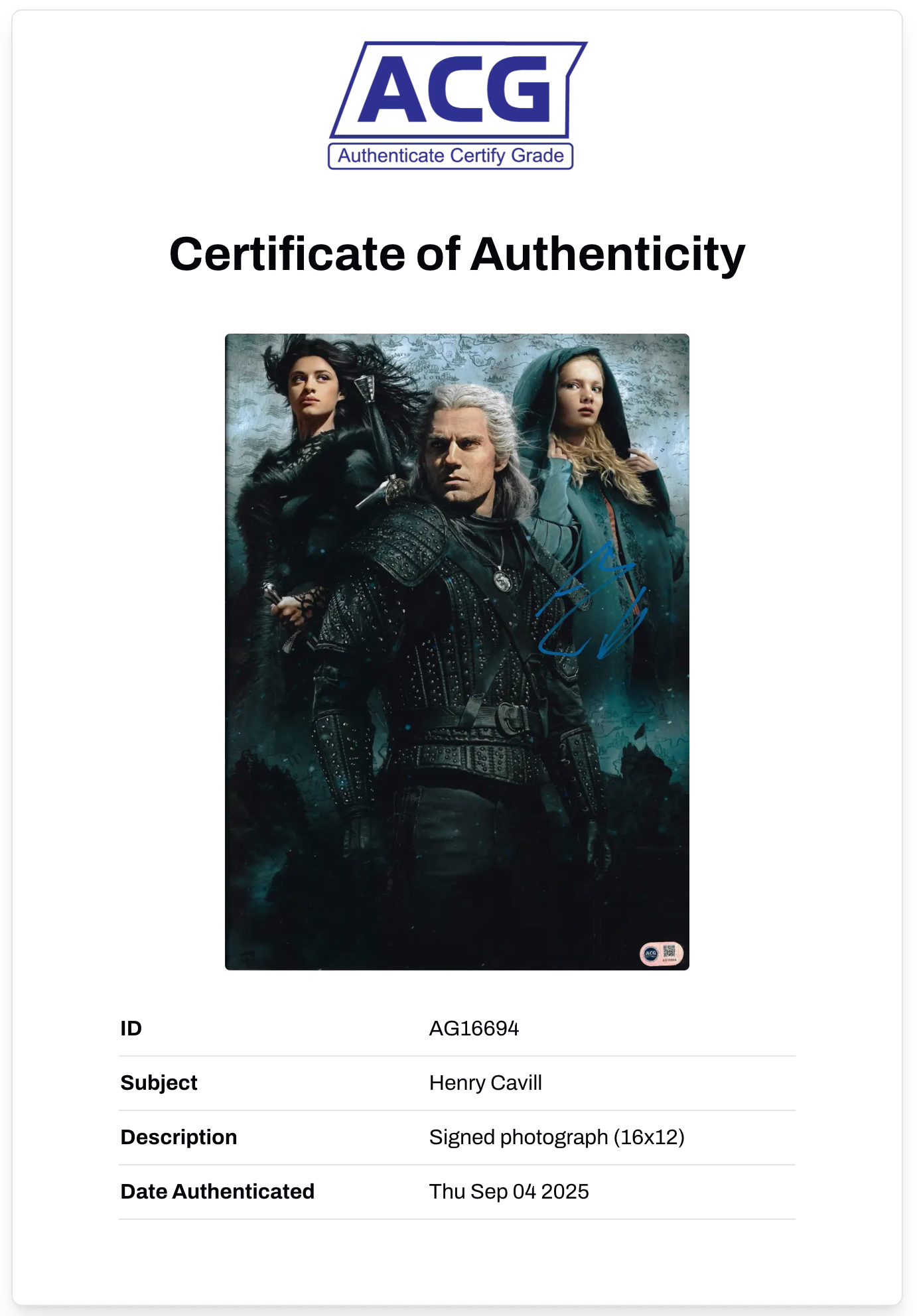HENRY CAVILL SIGNED GERALT THE WITCHER 16x12 PHOTO (ACG CERT AG16694)