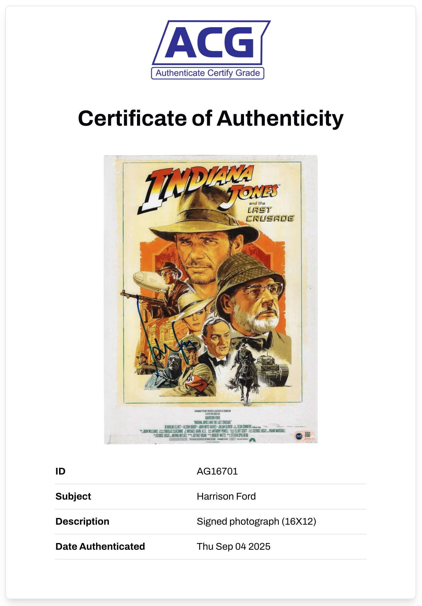 HARRISON FORD SIGNED INDIANA JONES 16x12 PHOTO (ACG CERT AG16701)