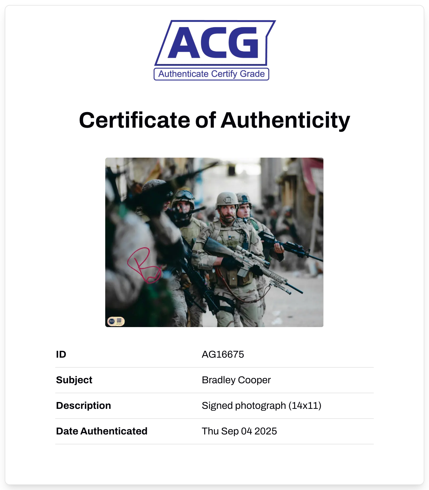 BRADLEY COOPER SIGNED 14x11 PHOTO AMERICAN SNIPER (ACG CERT AG16675)