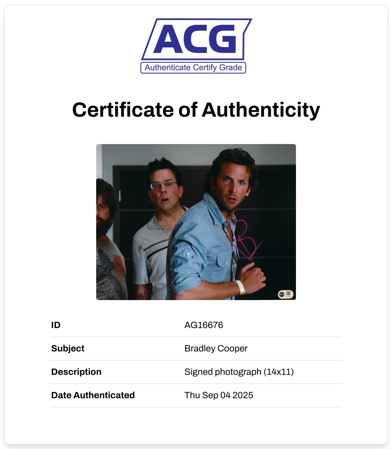 BRADLEY COOPER SIGNED 14x11 PHOTO THE HANGOVER (ACG CERT AG16676)