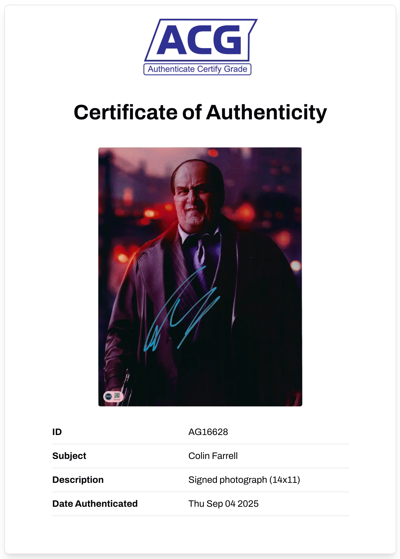 COLIN FARRELL SIGNED THE BATMAN PENGUIN 14x11 PHOTO (ACG CERT AG16628)