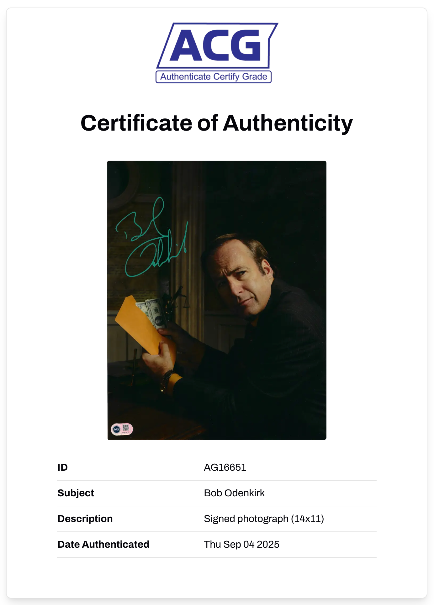 BOB ODENKIRK BETTER CALL SAUL SIGNED 14X11 PHOTO (ACG CERT AG16651)