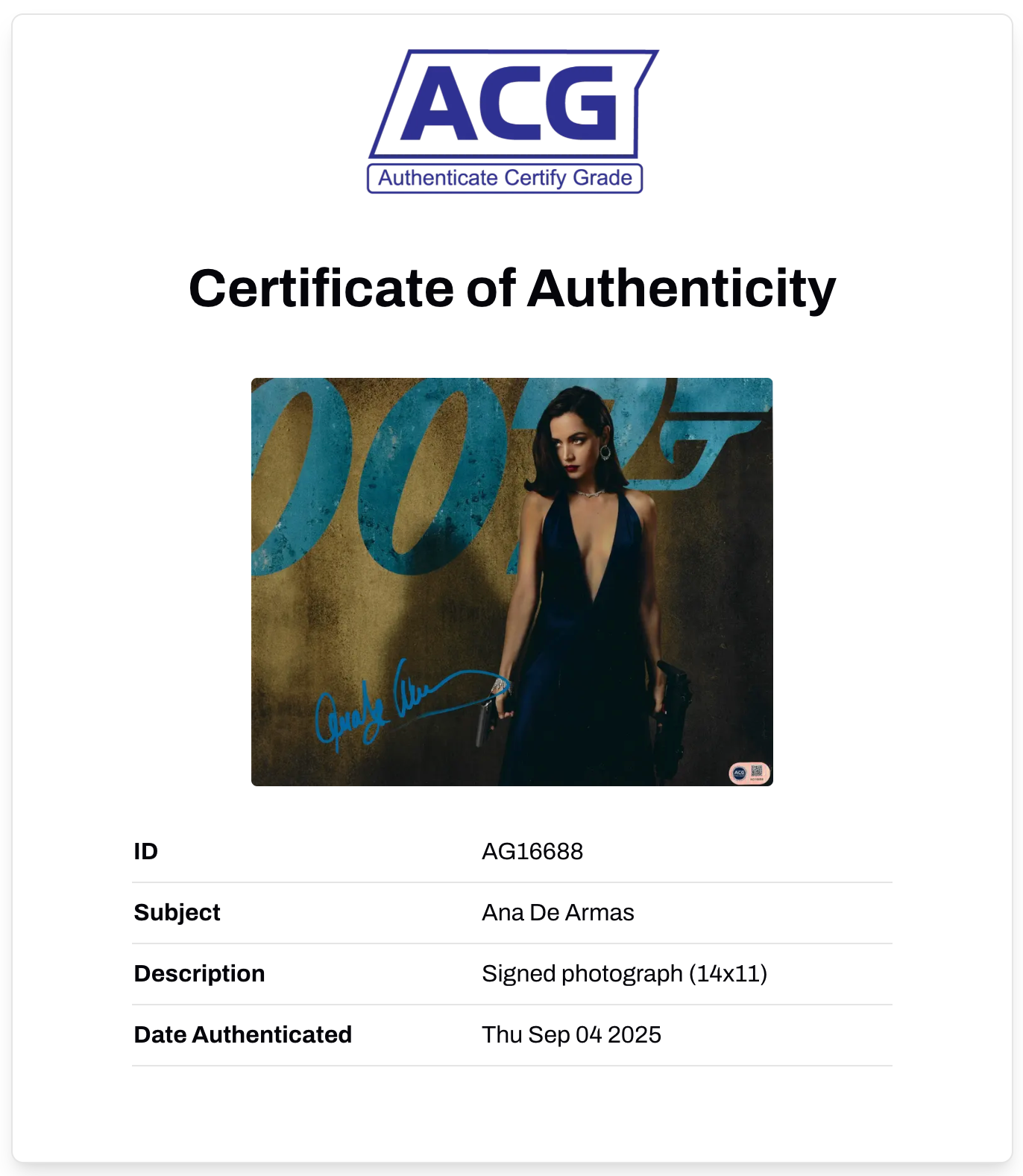 ANA DE ARMAS SIGNED JAMES BOND NO TIME TO DIE 14x11 PHOTO (ACG CERT AG16688)