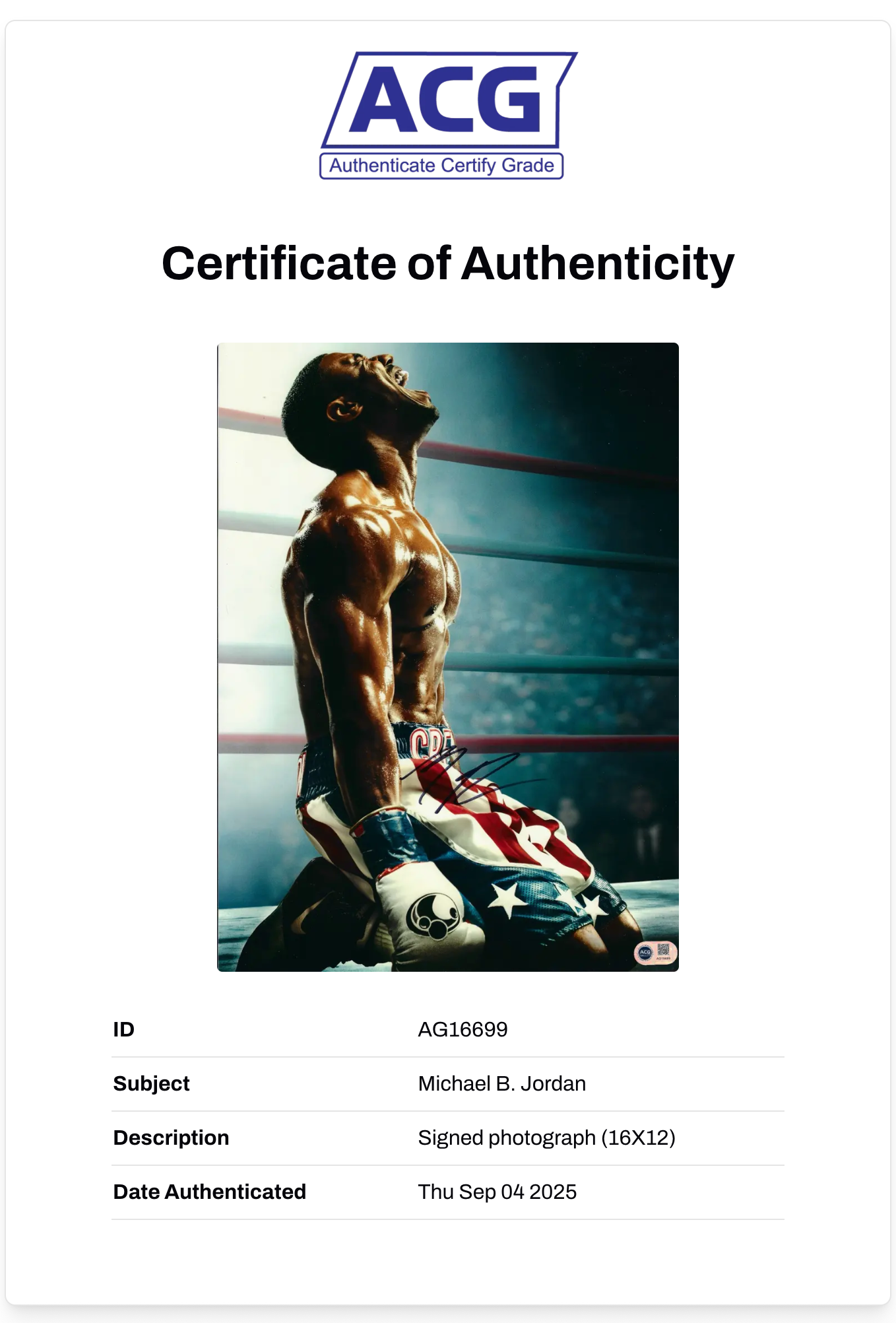 MICHAEL B JORDAN SIGNED ADONIS CREED 16x12 PHOTO (ACG CERT AG16699)