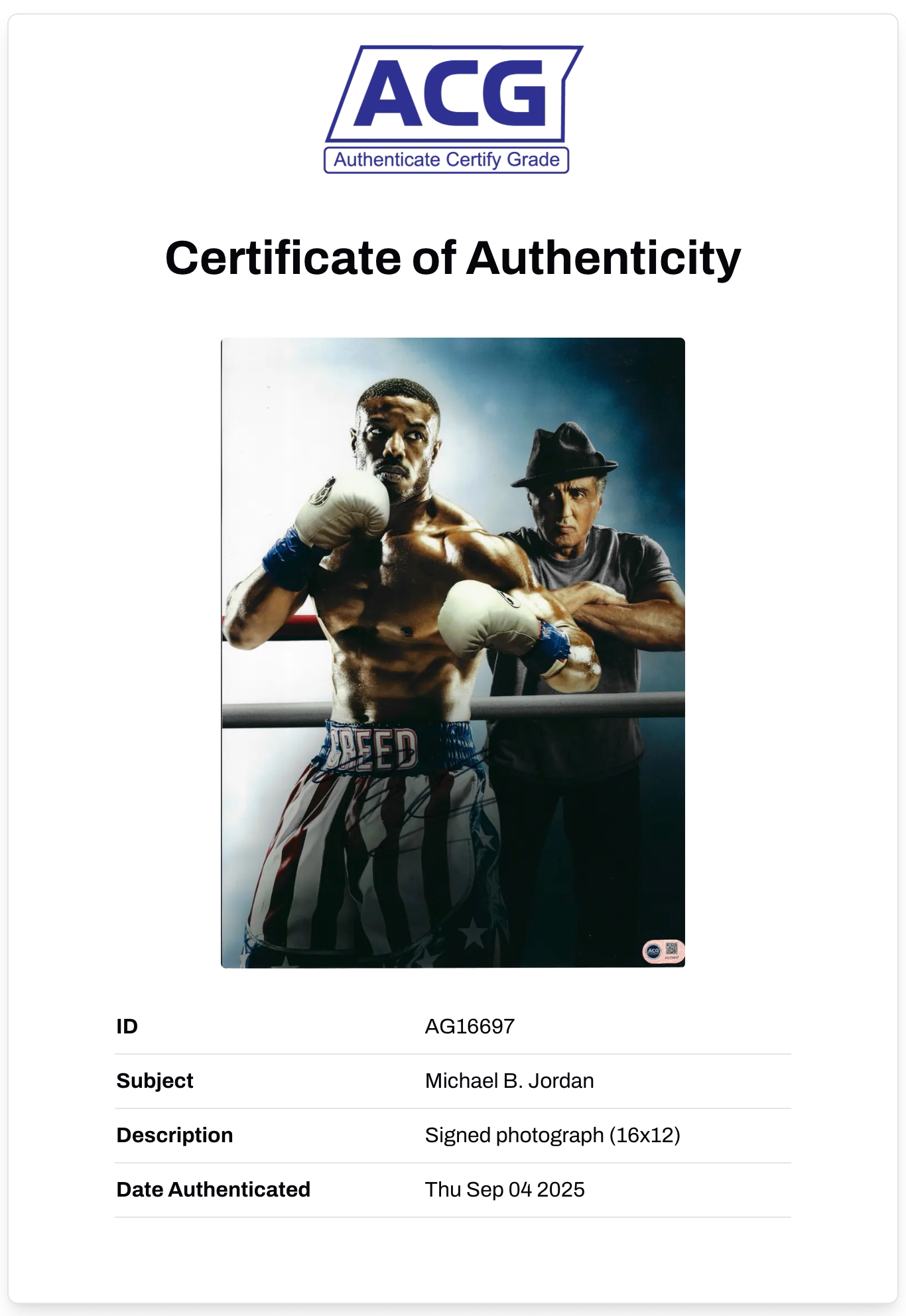 MICHAEL B JORDAN SIGNED ADONIS CREED ROCKY 16x12 PHOTO (ACG CERT AG16697)