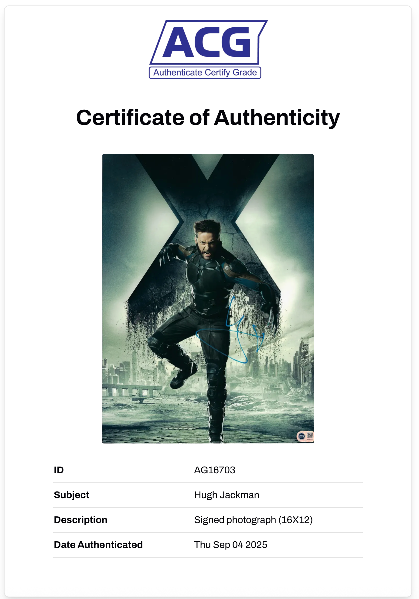 HUGH JACKMAN SIGNED 16X12 WOLVERINE X-MEN PHOTO (ACG CERT AG16703)