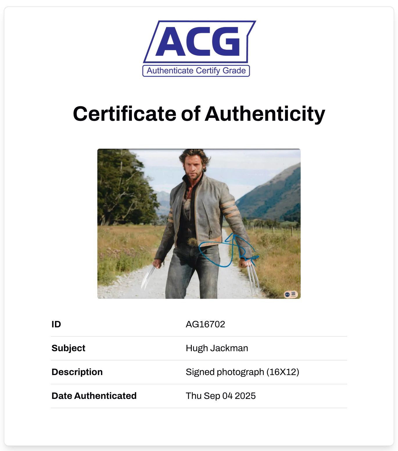 HUGH JACKMAN SIGNED 16X12 WOLVERINE X-MEN PHOTO (ACG CERT AG16702)