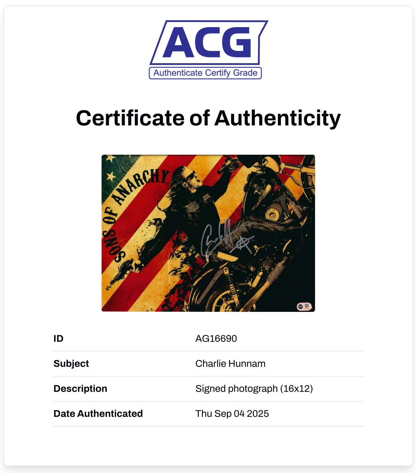 CHARLIE HUNNAM SIGNED JAX TELLER SONS OF ANARCHY 16x12 PHOTO (ACG CERT AG16690)