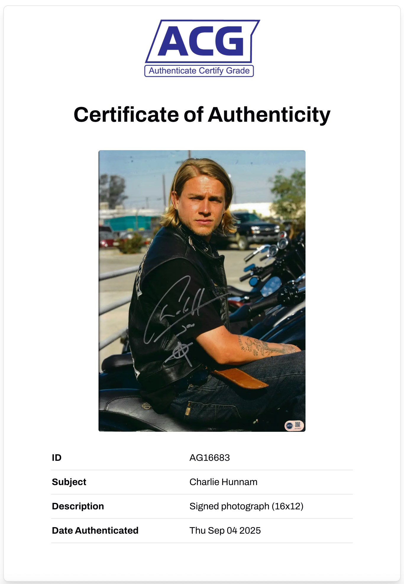 CHARLIE HUNNAM SIGNED JAX TELLER SONS OF ANARCHY 16x12 PHOTO (ACG CERT AG16683)